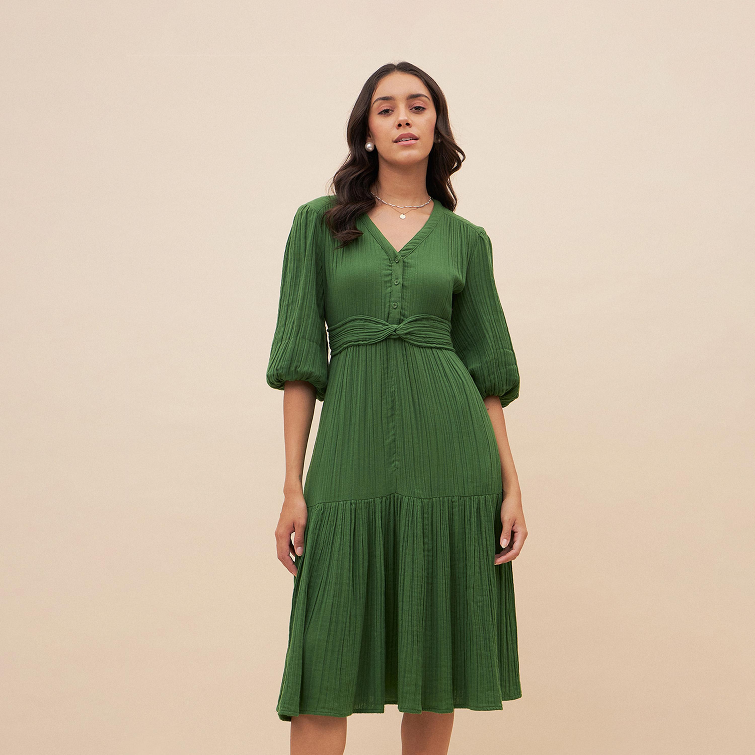 فيميلا × ستايلي - فستان ميدي بأكمام منفوخة وقصة A مع تفاصيل عقدة-women-clothing-dresses-image-1