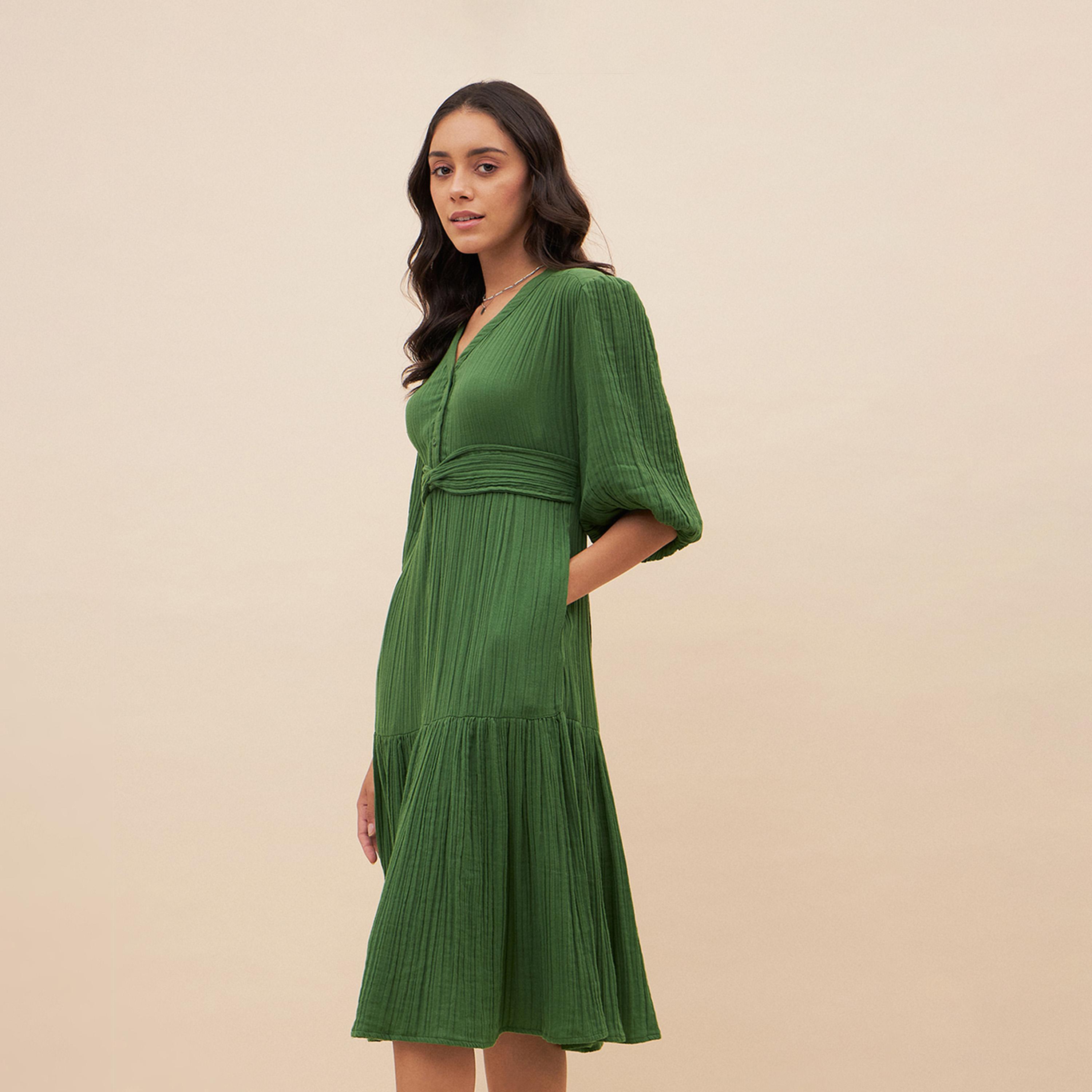 فيميلا × ستايلي - فستان ميدي بأكمام منفوخة وقصة A مع تفاصيل عقدة-women-clothing-dresses-image-2