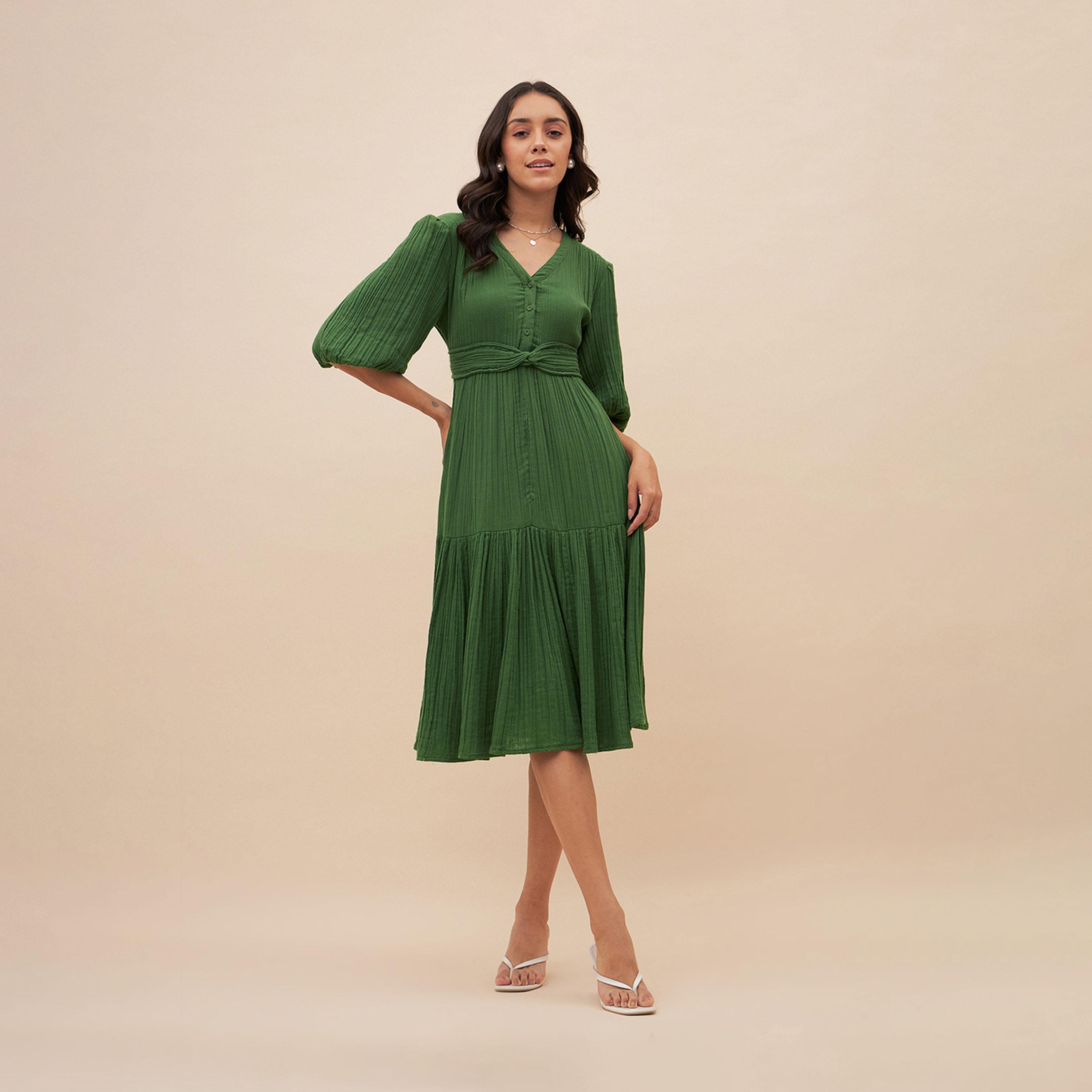 فيميلا × ستايلي - فستان ميدي بأكمام منفوخة وقصة A مع تفاصيل عقدة-women-clothing-dresses-image-5