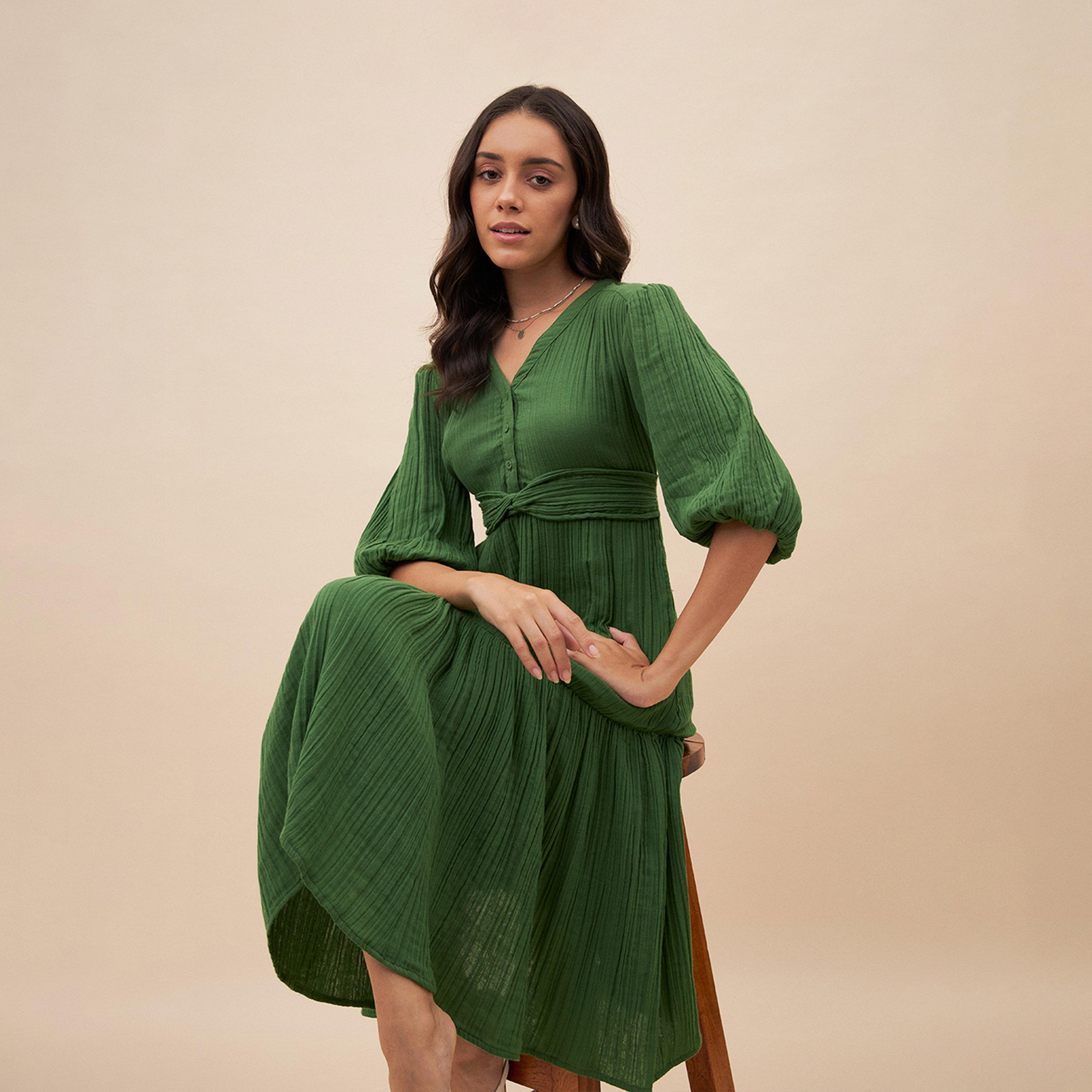 فيميلا × ستايلي - فستان ميدي بأكمام منفوخة وقصة A مع تفاصيل عقدة-women-clothing-dresses-image-6