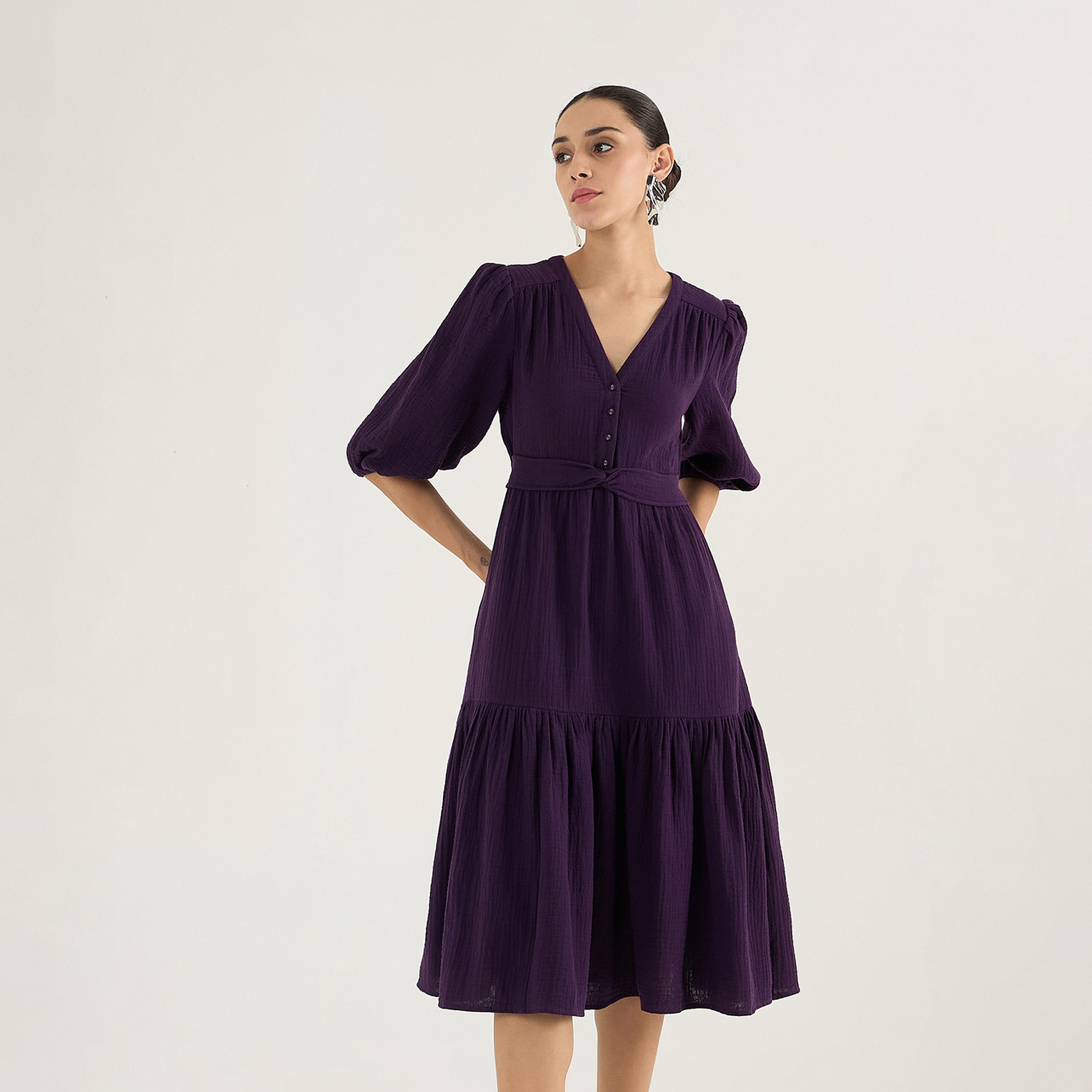 Femmella X Styli Cotton Balloon Sleeve A-Line Midi Dress With Knot Detail-women-clothing-dresses-image-1