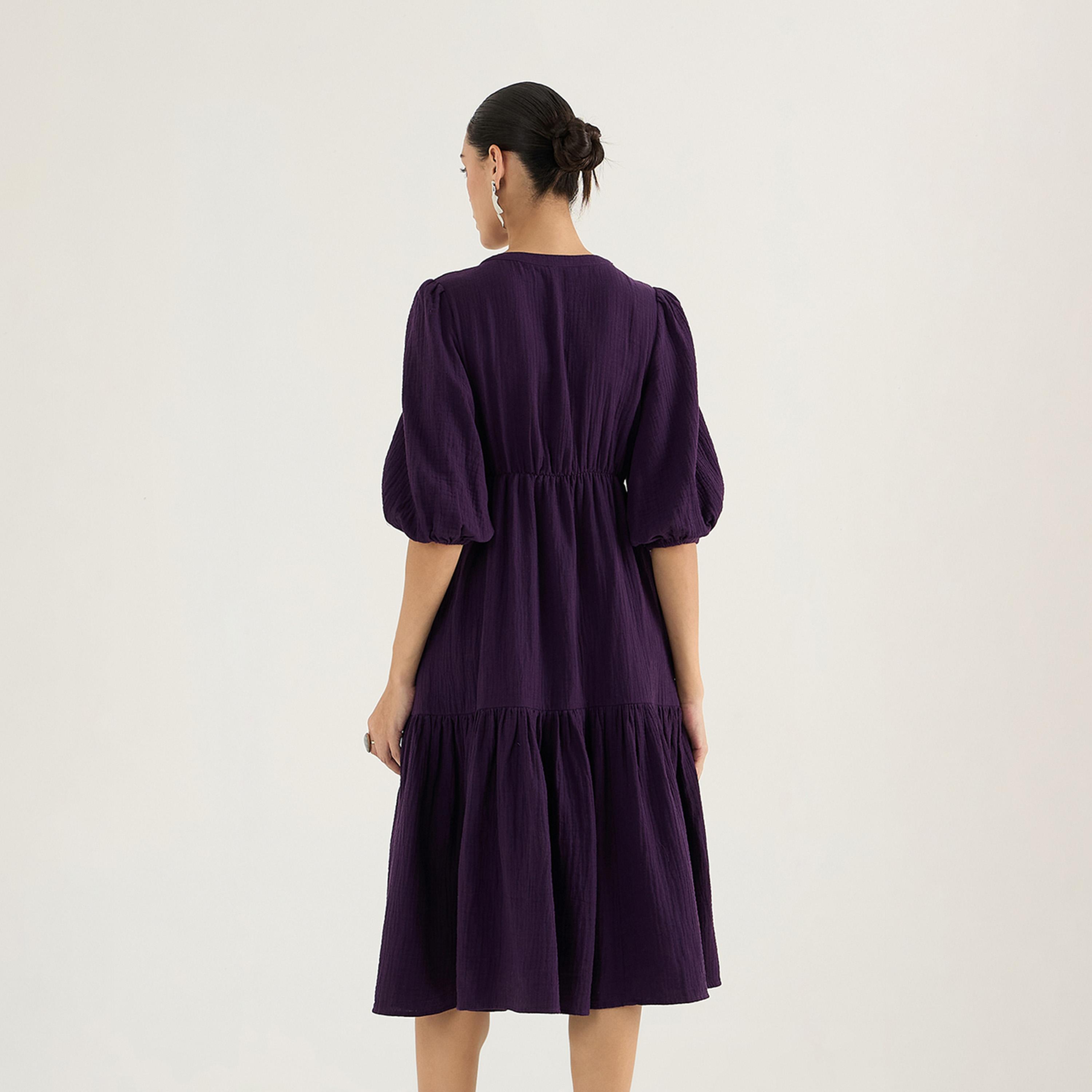Femmella X Styli Cotton Balloon Sleeve A-Line Midi Dress With Knot Detail-women-clothing-dresses-image-2