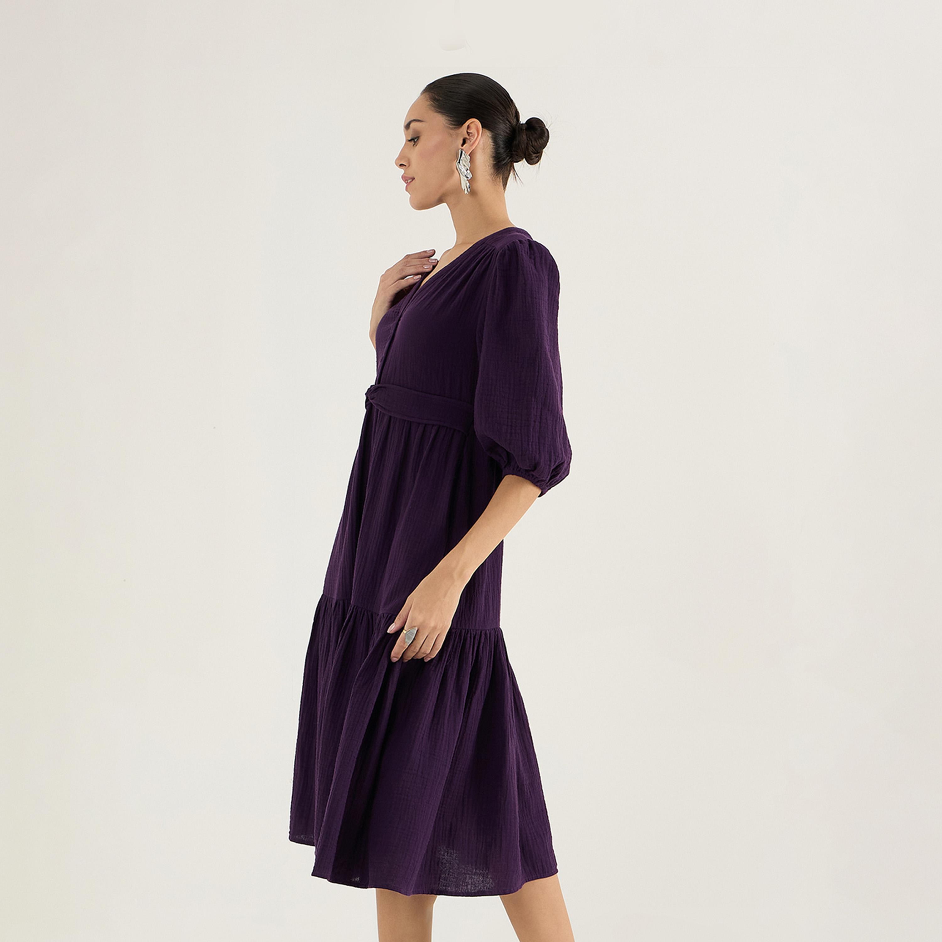 Femmella X Styli Cotton Balloon Sleeve A-Line Midi Dress With Knot Detail-women-clothing-dresses-image-3