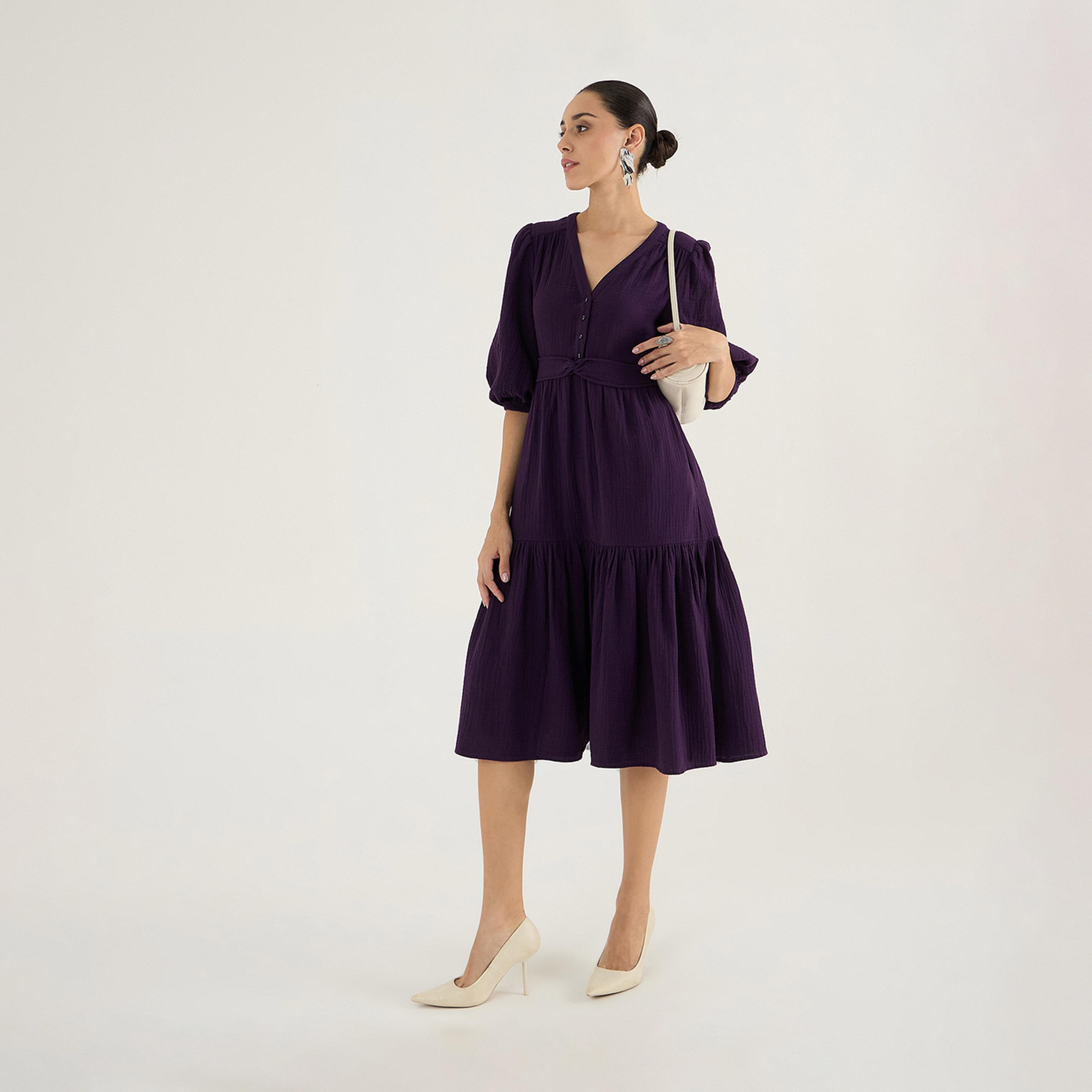 Femmella X Styli Cotton Balloon Sleeve A-Line Midi Dress With Knot Detail-women-clothing-dresses-image-6
