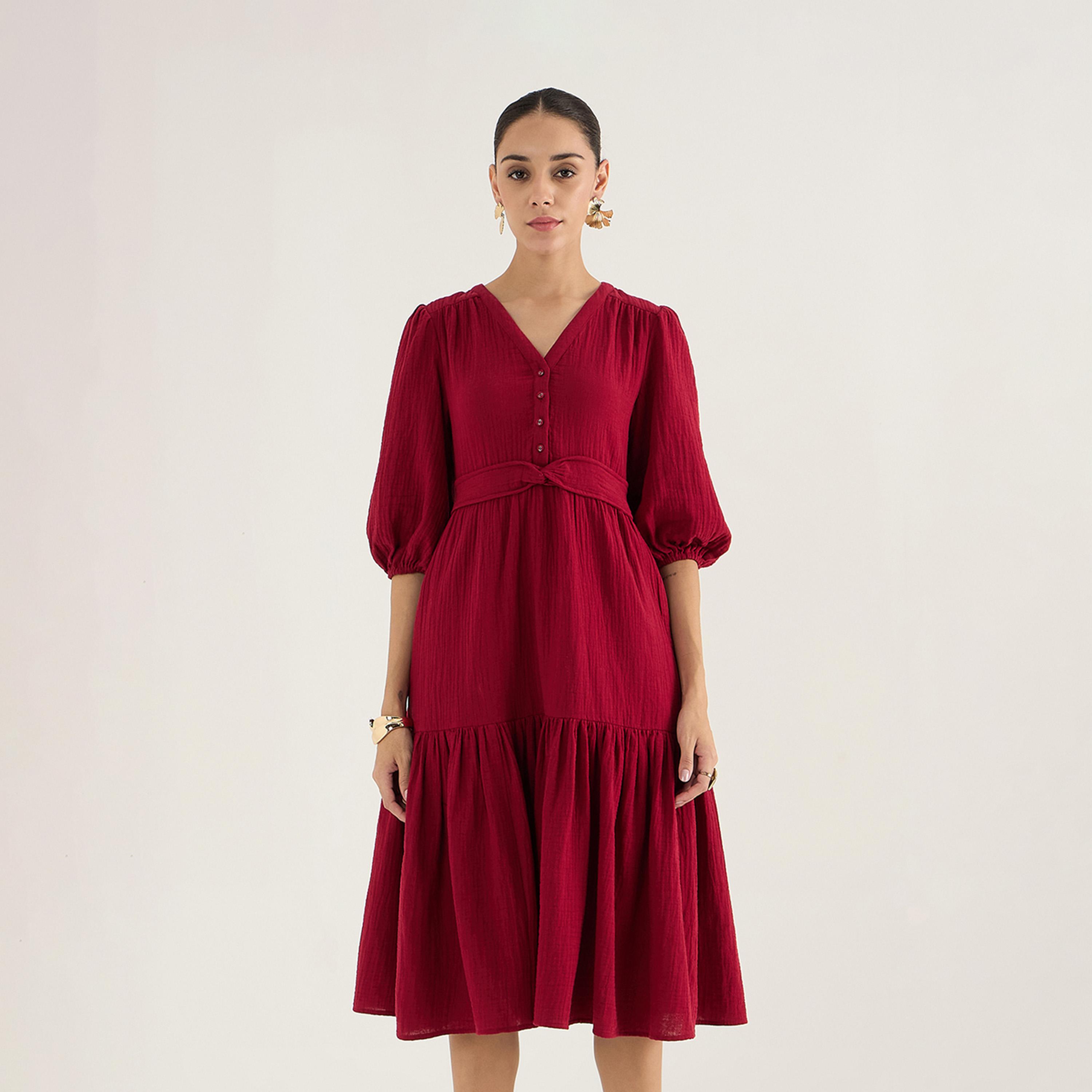 Femmella X Styli V-Neck Balloon Sleeve Cotton Knot Detail Midi Dress-women-clothing-dresses-image-1