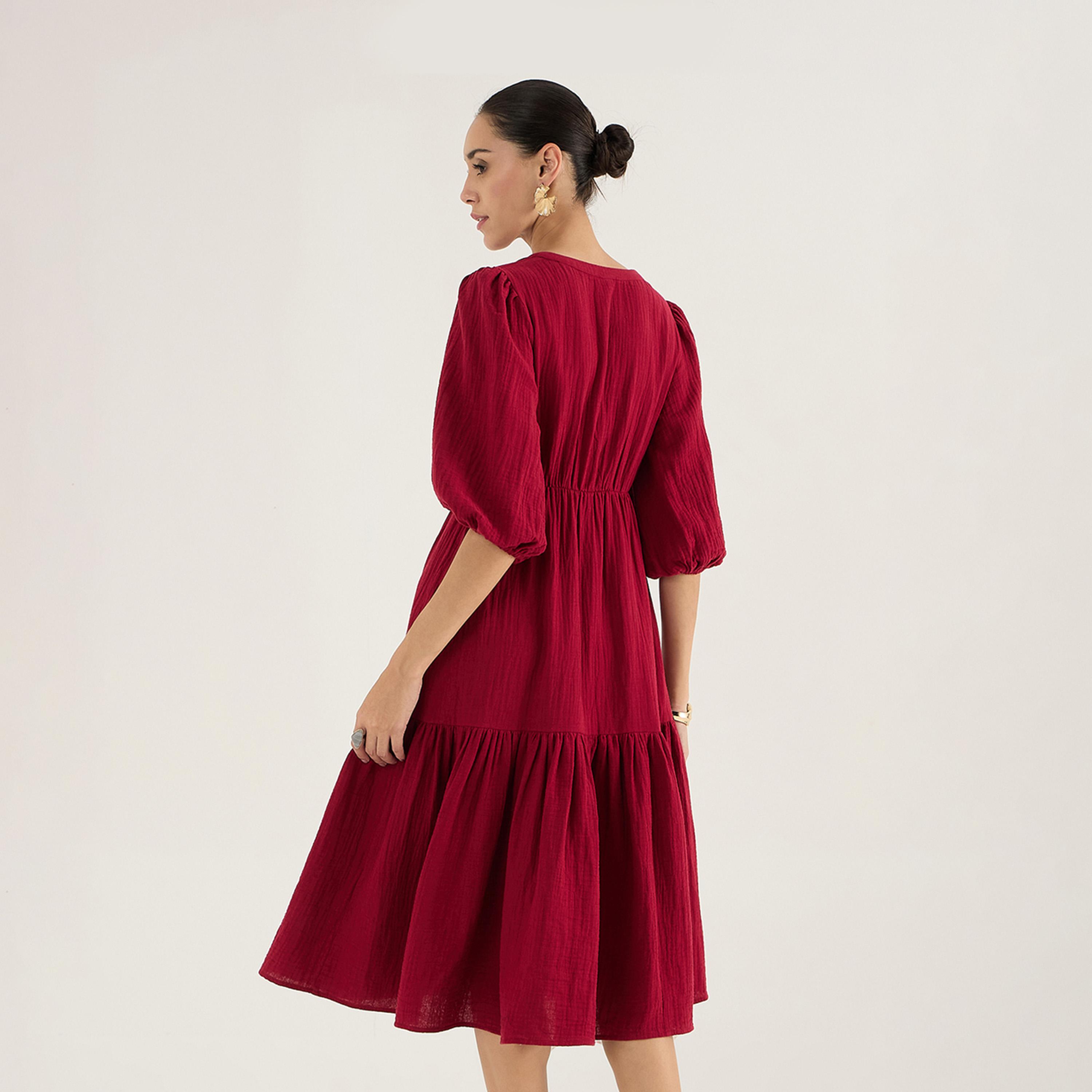 Femmella X Styli V-Neck Balloon Sleeve Cotton Knot Detail Midi Dress-women-clothing-dresses-image-2