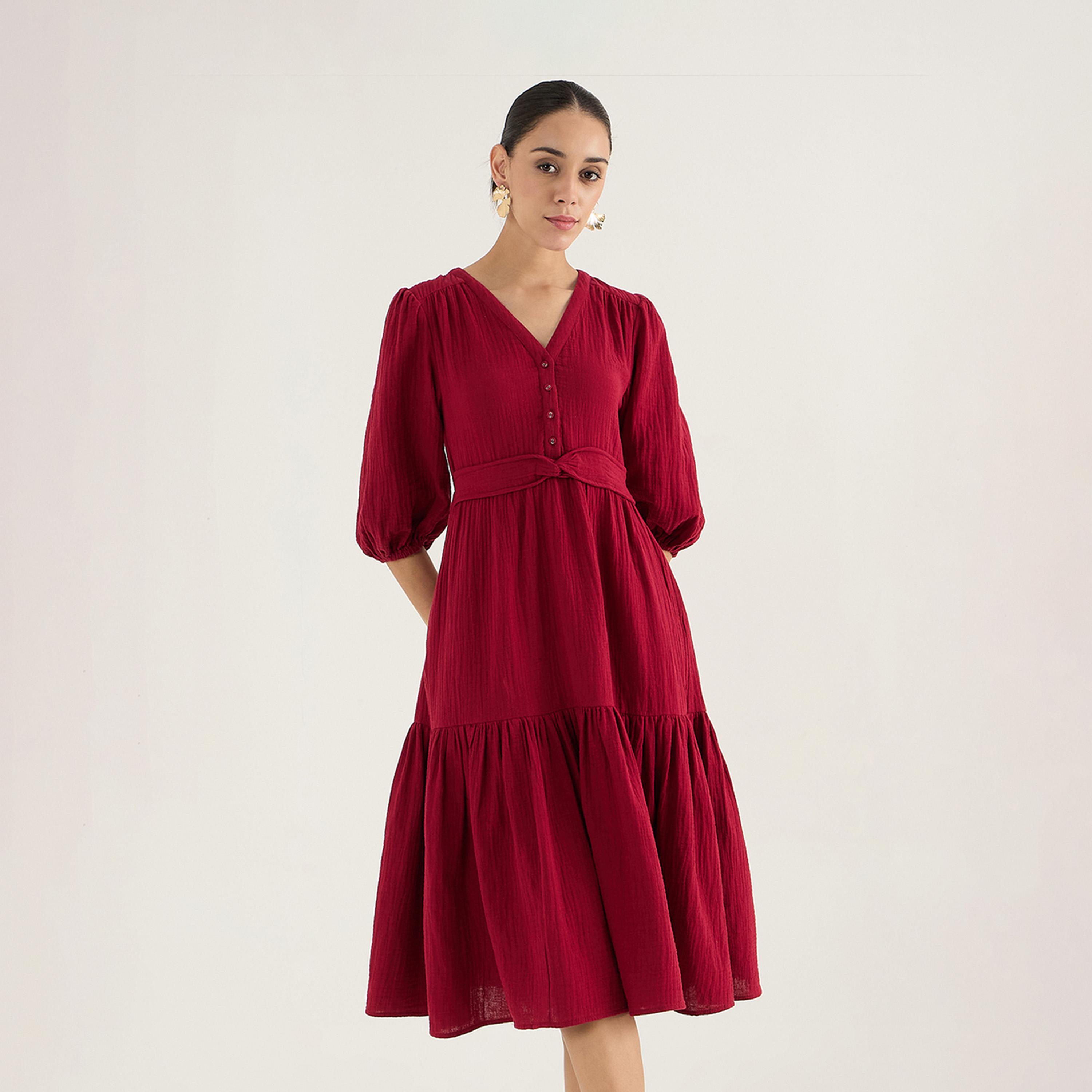 Femmella X Styli V-Neck Balloon Sleeve Cotton Knot Detail Midi Dress-women-clothing-dresses-image-3