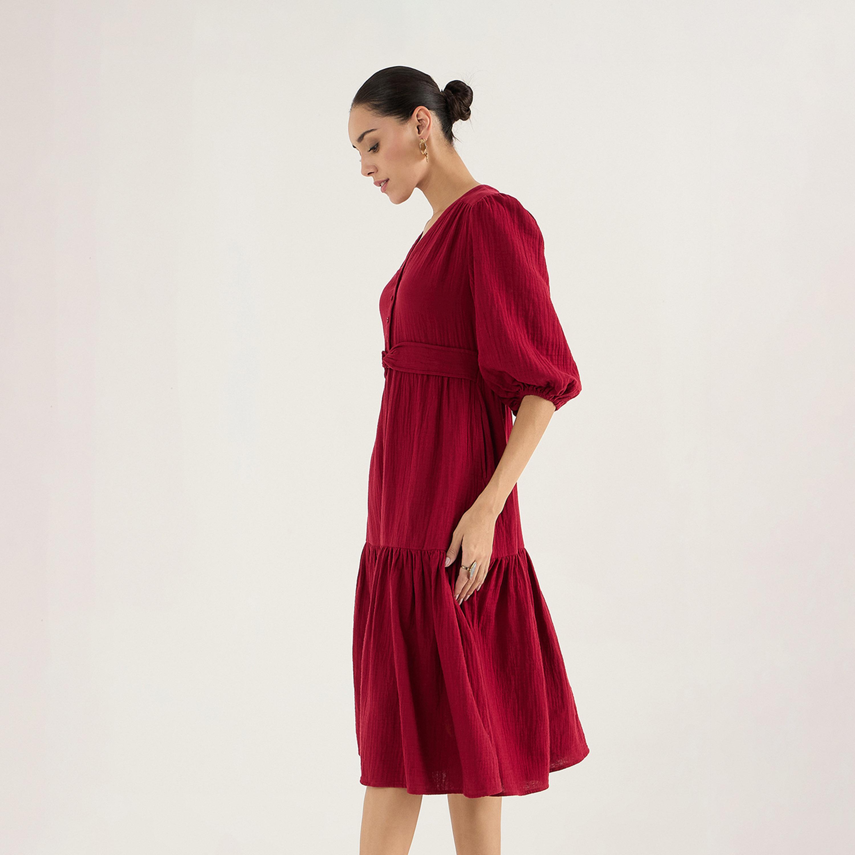 Femmella X Styli V-Neck Balloon Sleeve Cotton Knot Detail Midi Dress-women-clothing-dresses-image-4