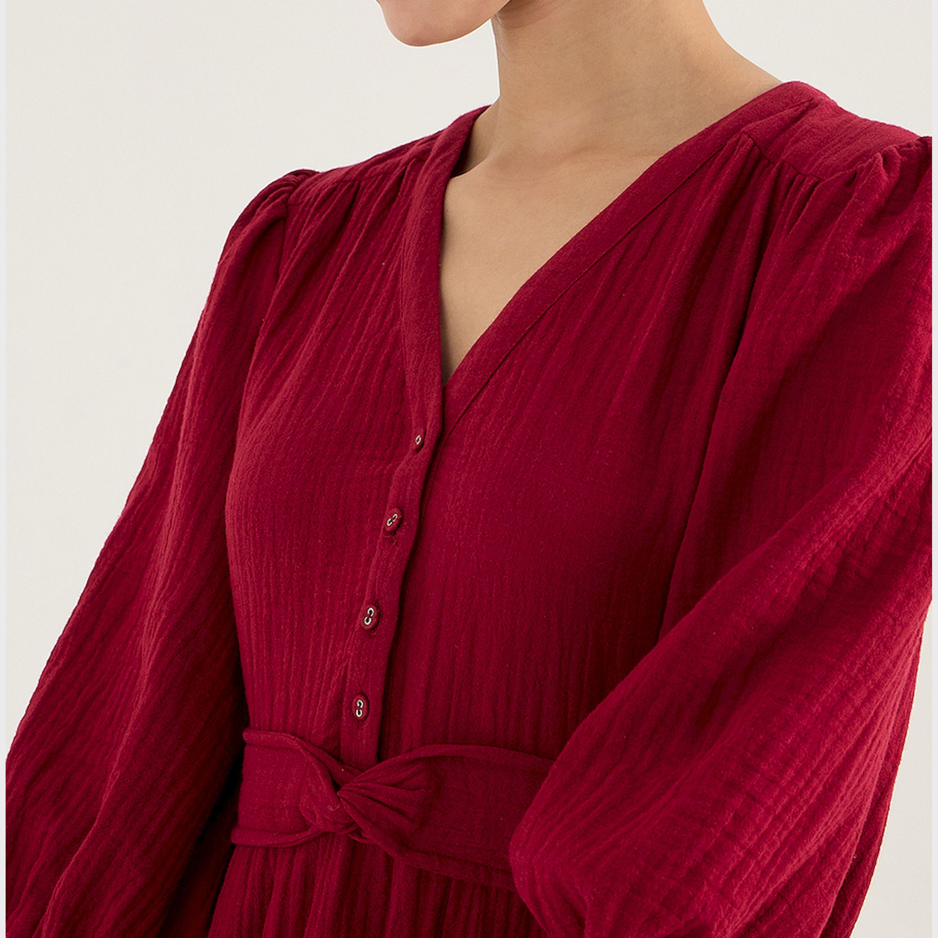 Femmella X Styli V-Neck Balloon Sleeve Cotton Knot Detail Midi Dress-women-clothing-dresses-image-5