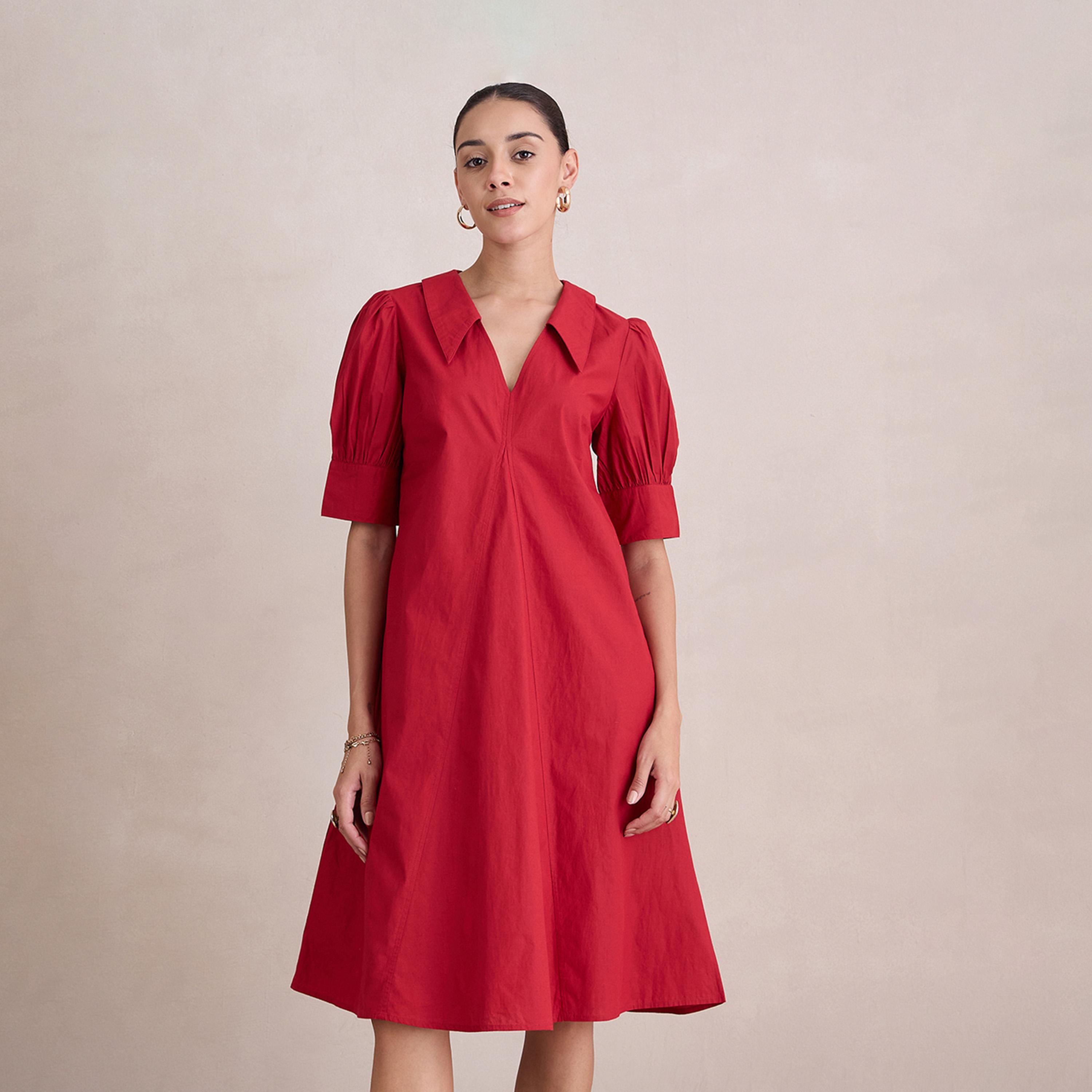 Femmella X Styli Cotton Puff Sleeve V-Neck Midi Dress-women-clothing-dresses-image-1