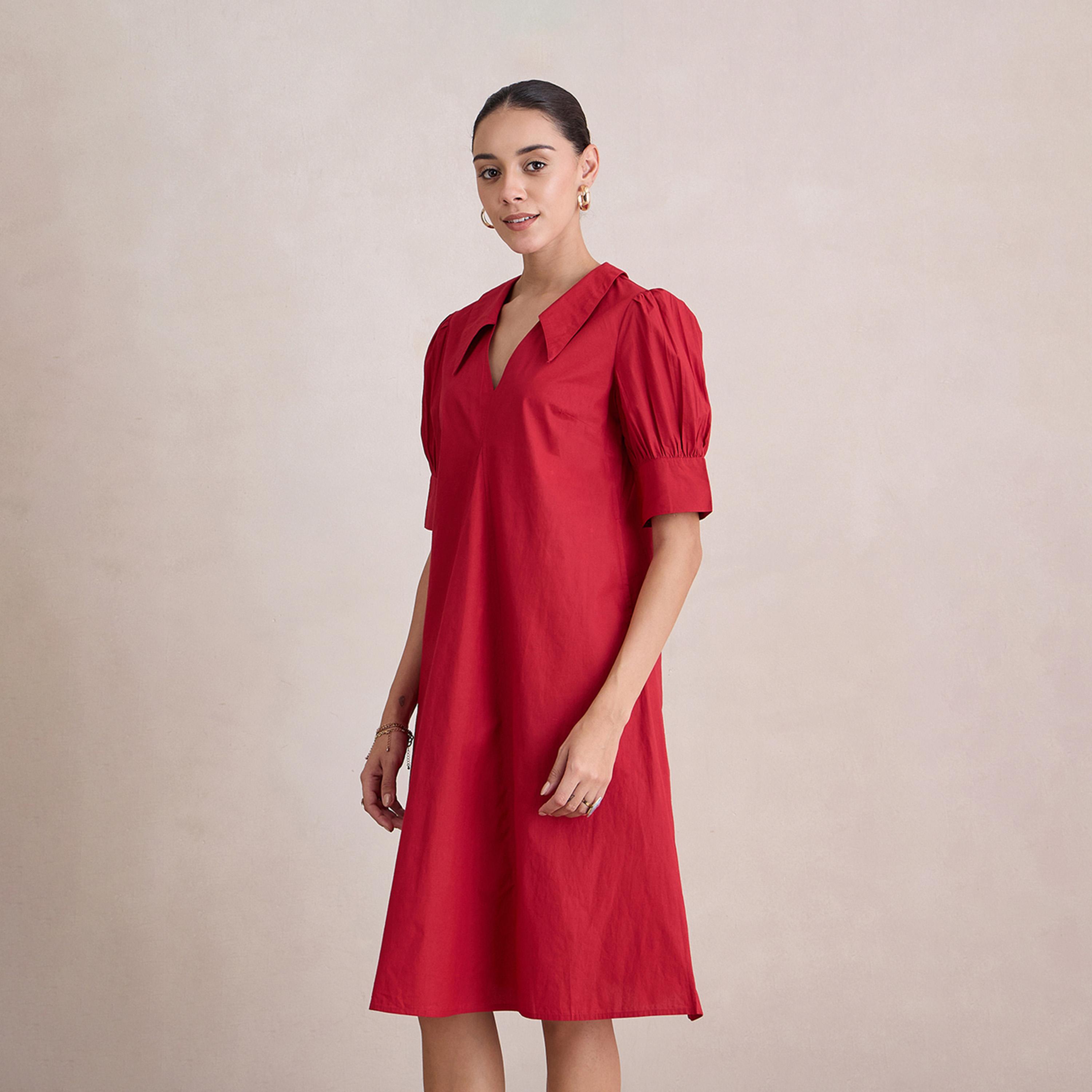 Femmella X Styli Cotton Puff Sleeve V-Neck Midi Dress-women-clothing-dresses-image-3