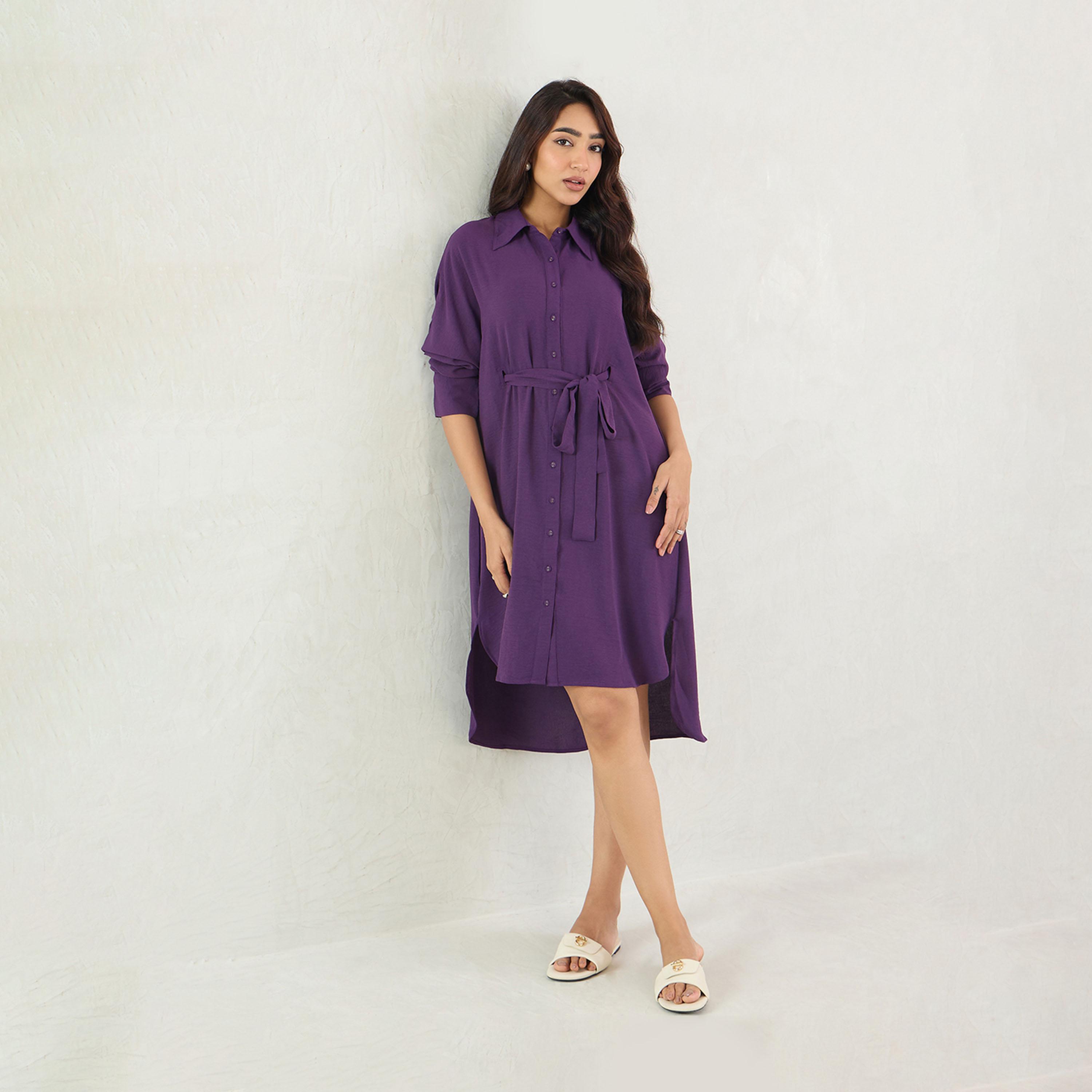 Femmella X Styli Solid Button Down Shirt Knee-Length Dress With Tie-Up Belt-women-clothing-dresses-image-1