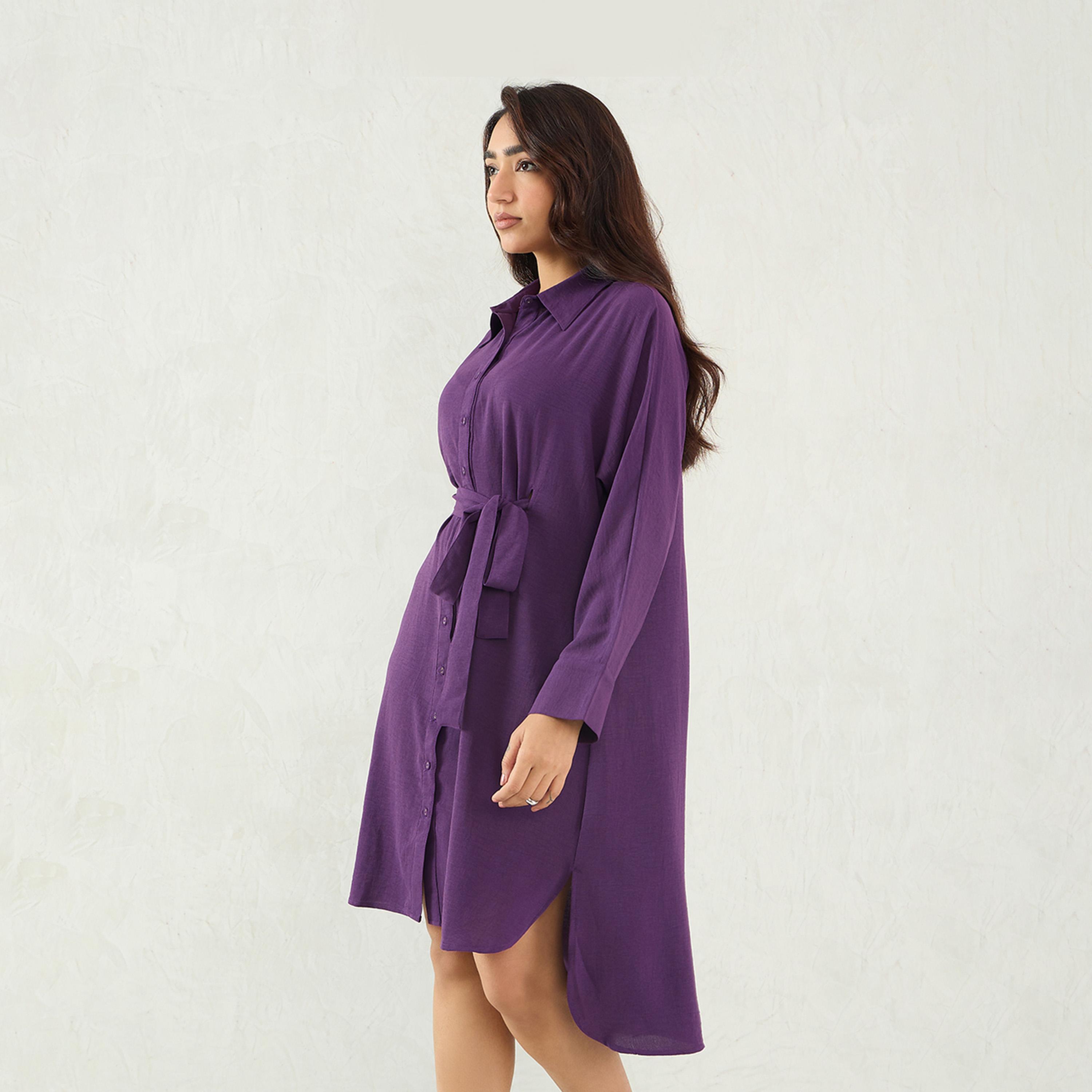 Femmella X Styli Solid Button Down Shirt Knee-Length Dress With Tie-Up Belt-women-clothing-dresses-image-2
