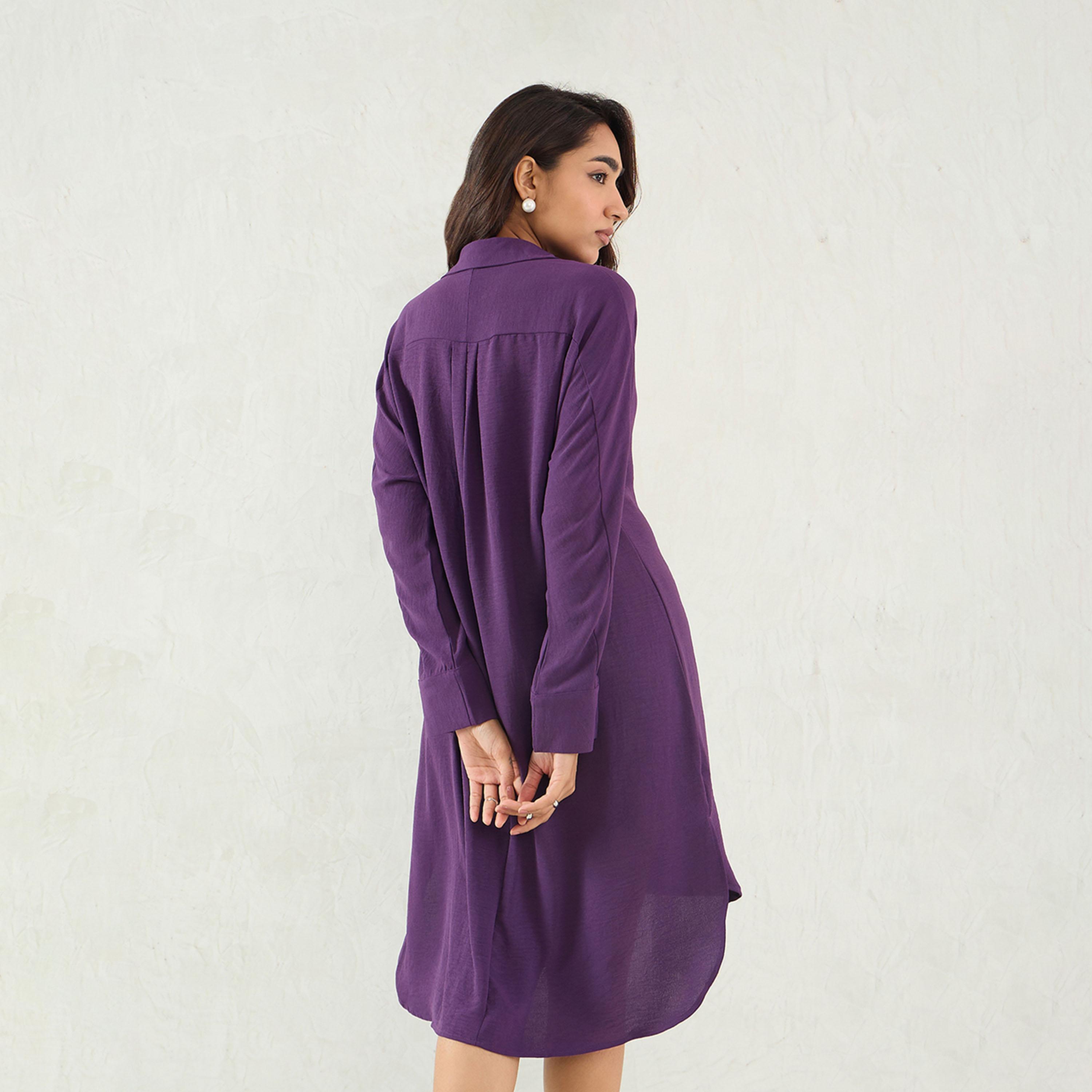 Femmella X Styli Solid Button Down Shirt Knee-Length Dress With Tie-Up Belt-women-clothing-dresses-image-5