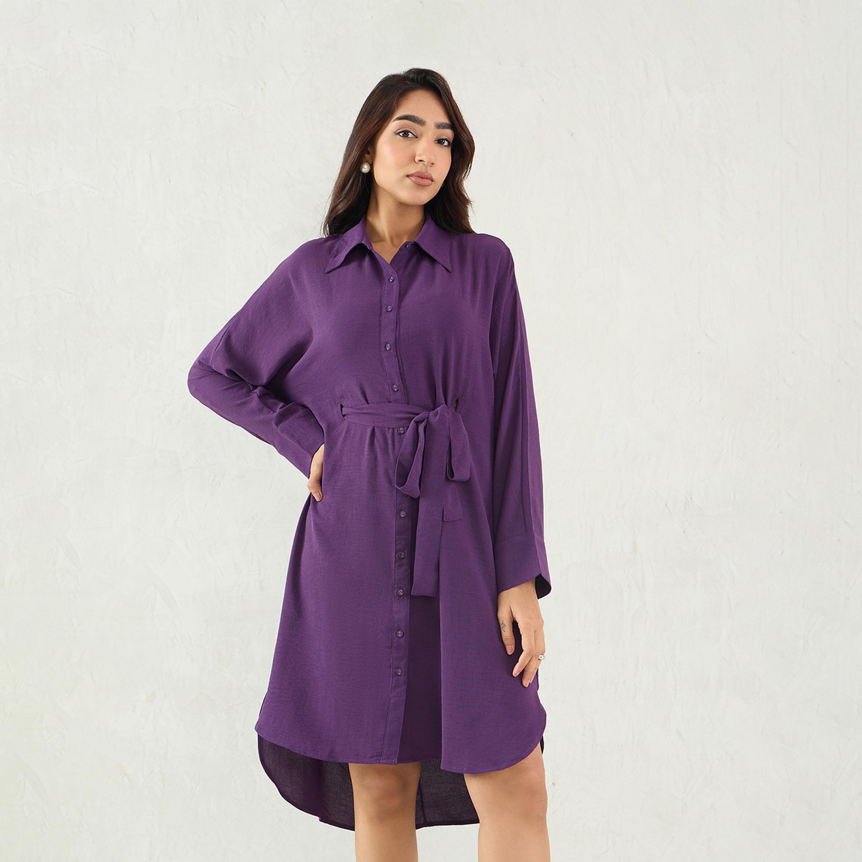 Femmella X Styli Solid Button Down Shirt Knee-Length Dress With Tie-Up Belt-women-clothing-dresses-image-6