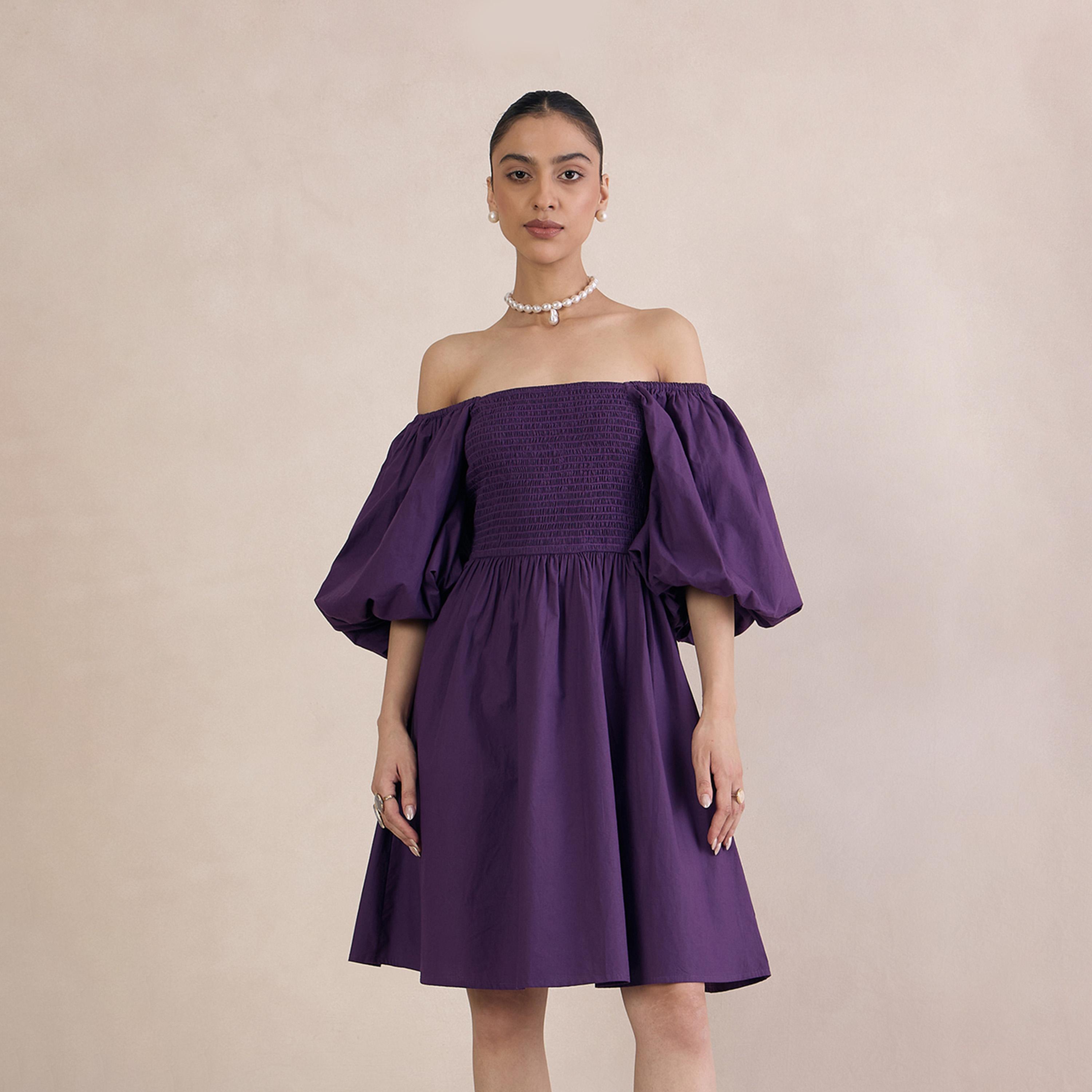 Femmella X Styli Puff Sleeve Off Shoulder Neck Mini Dress With Smocked Detail-women-clothing-dresses-image-1