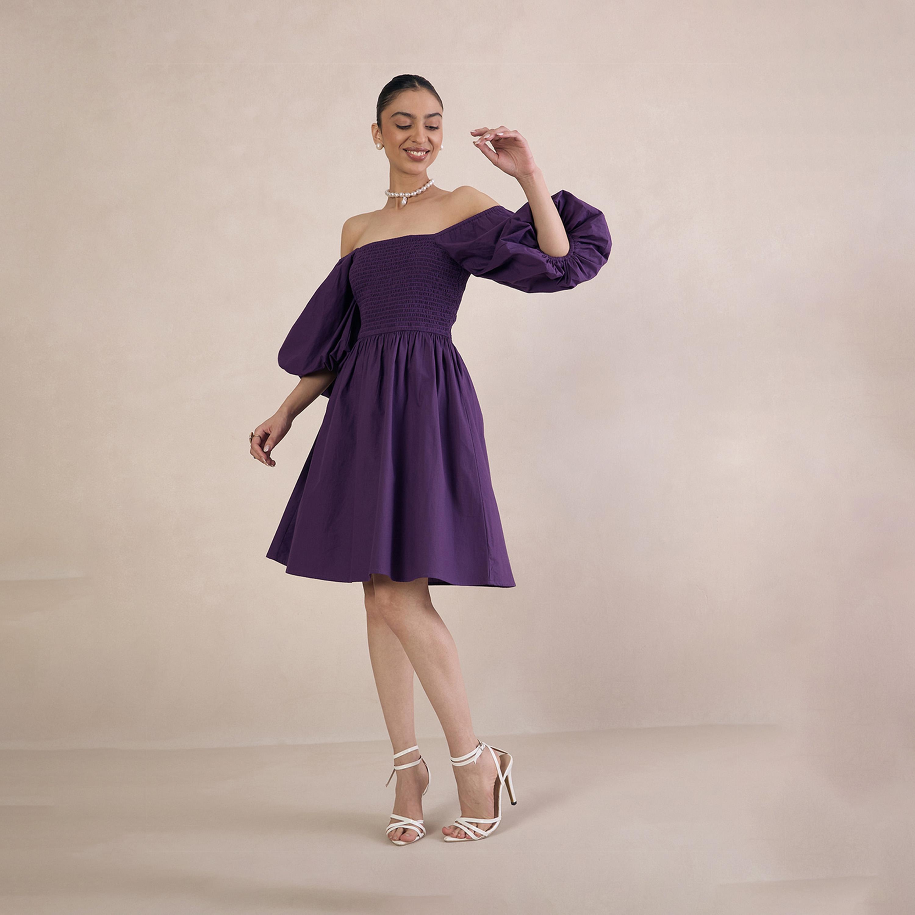 Femmella X Styli Puff Sleeve Off Shoulder Neck Mini Dress With Smocked Detail-women-clothing-dresses-image-2