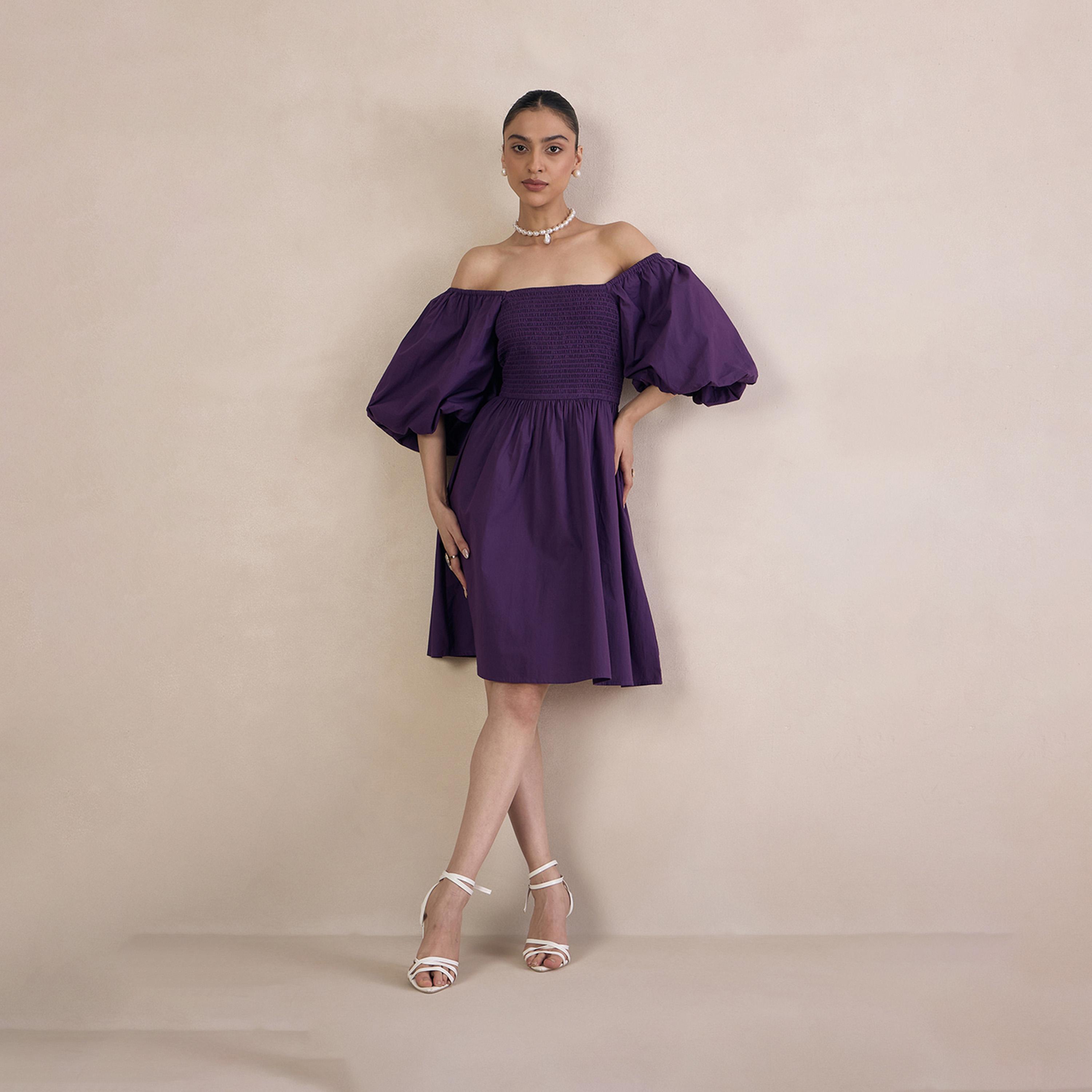 Femmella X Styli Puff Sleeve Off Shoulder Neck Mini Dress With Smocked Detail-women-clothing-dresses-image-3