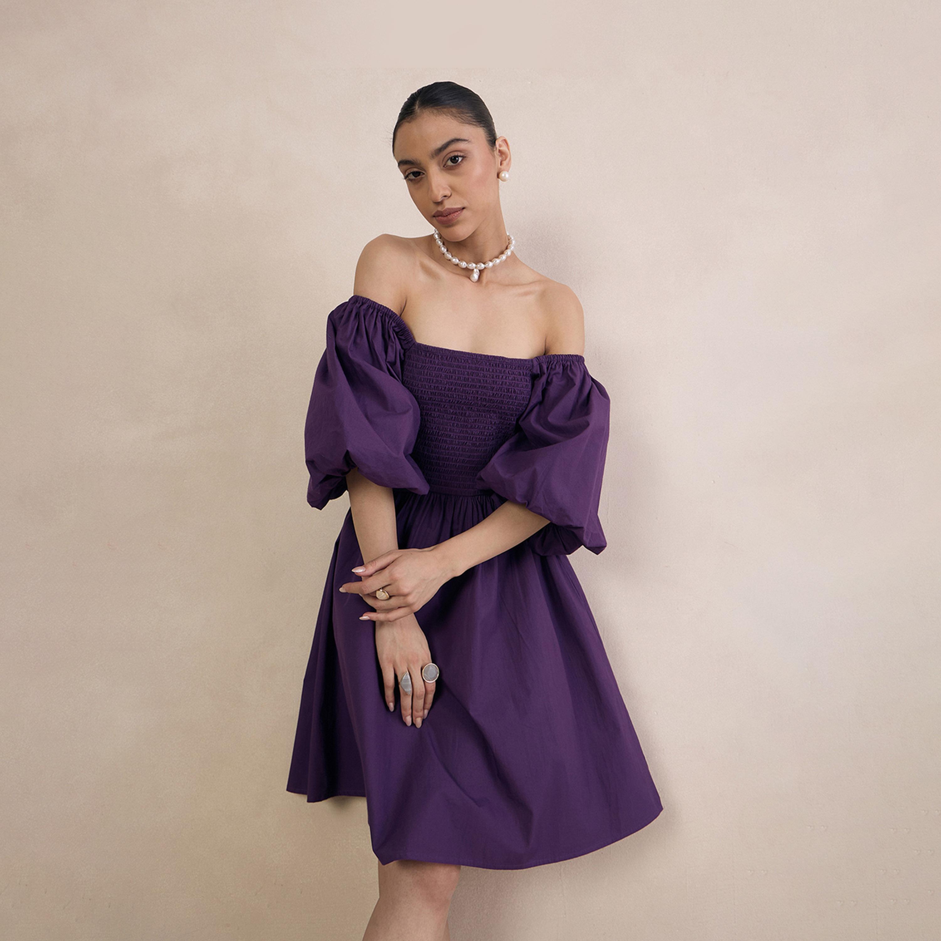 Femmella X Styli Puff Sleeve Off Shoulder Neck Mini Dress With Smocked Detail-women-clothing-dresses-image-4
