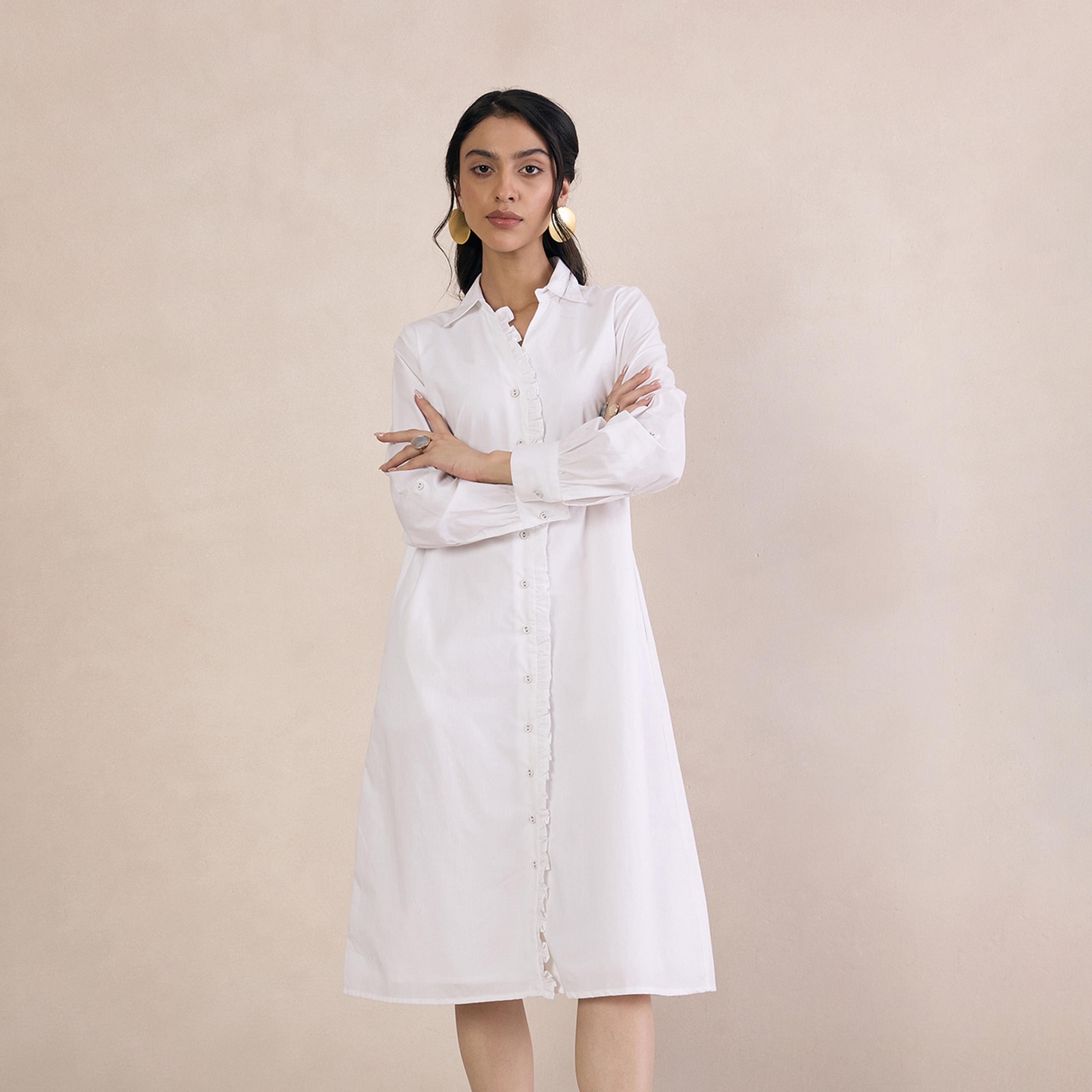 فيميلا × ستايلي - فستان قميص متوسط الطول بياقة سادة مع تفاصيل حواف من الدانتيل-women-clothing-dresses-image-1