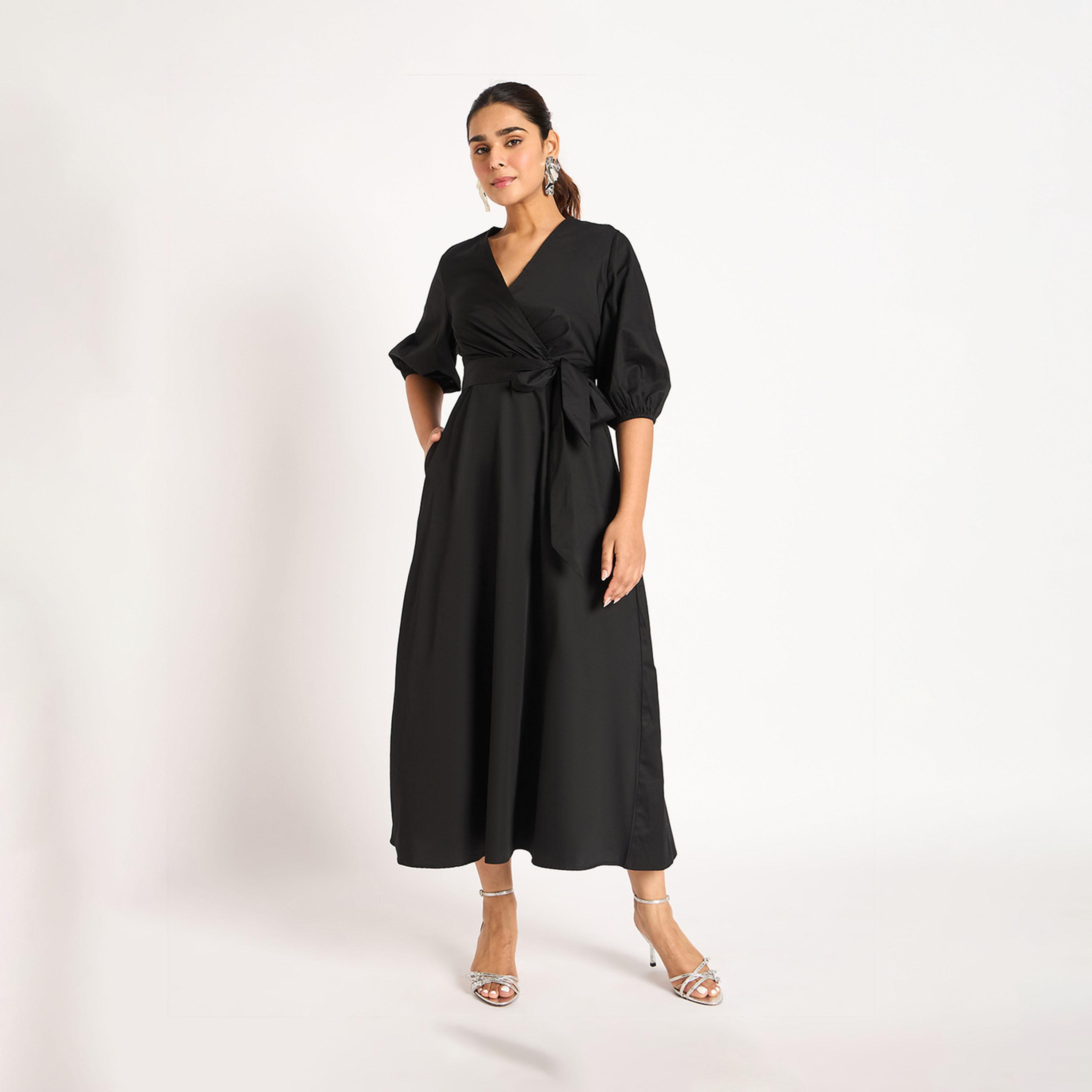 Femmella X Styli Solid Balloon Sleeve Wrap Midi Dress-women-clothing-dresses-image-1