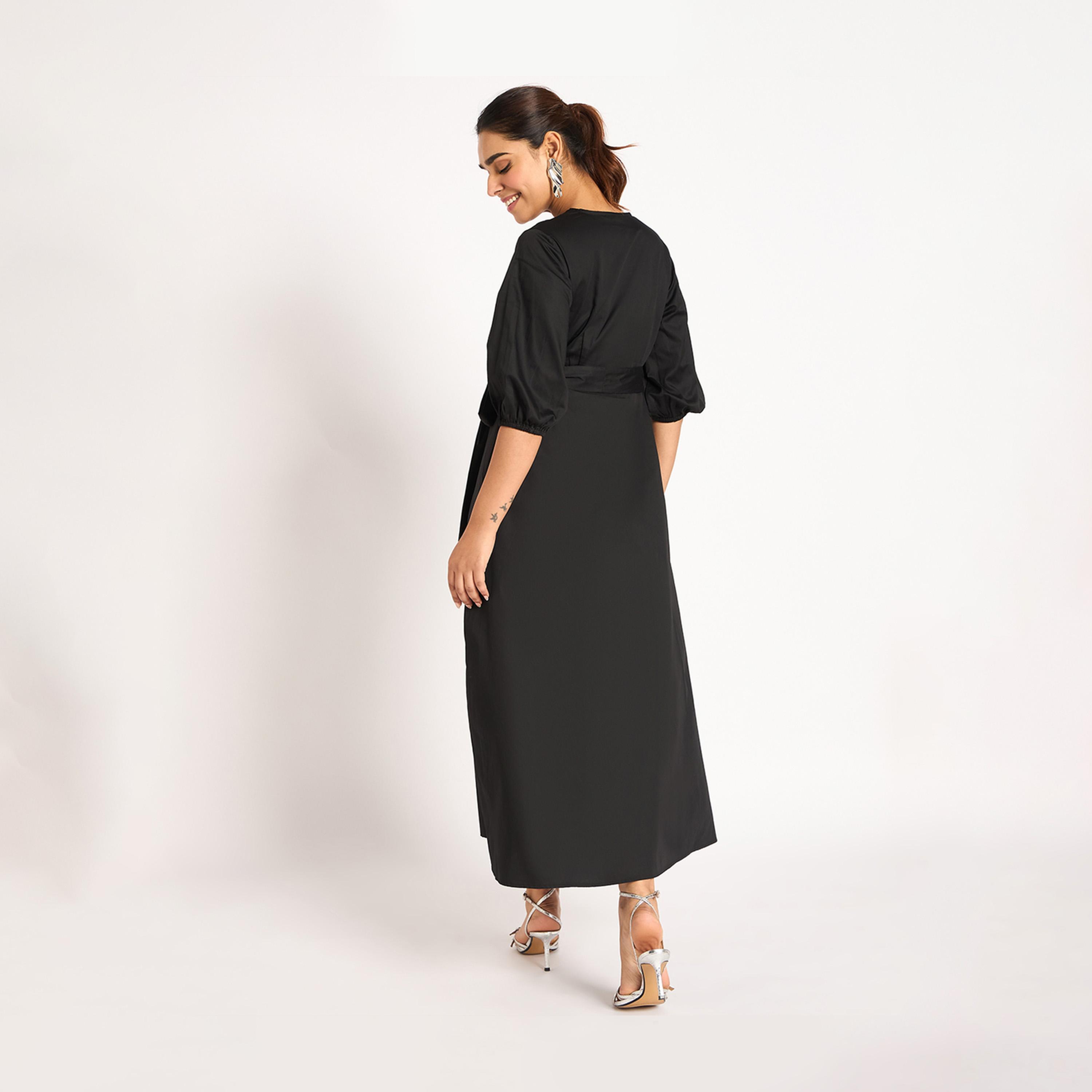 Femmella X Styli Solid Balloon Sleeve Wrap Midi Dress-women-clothing-dresses-image-2