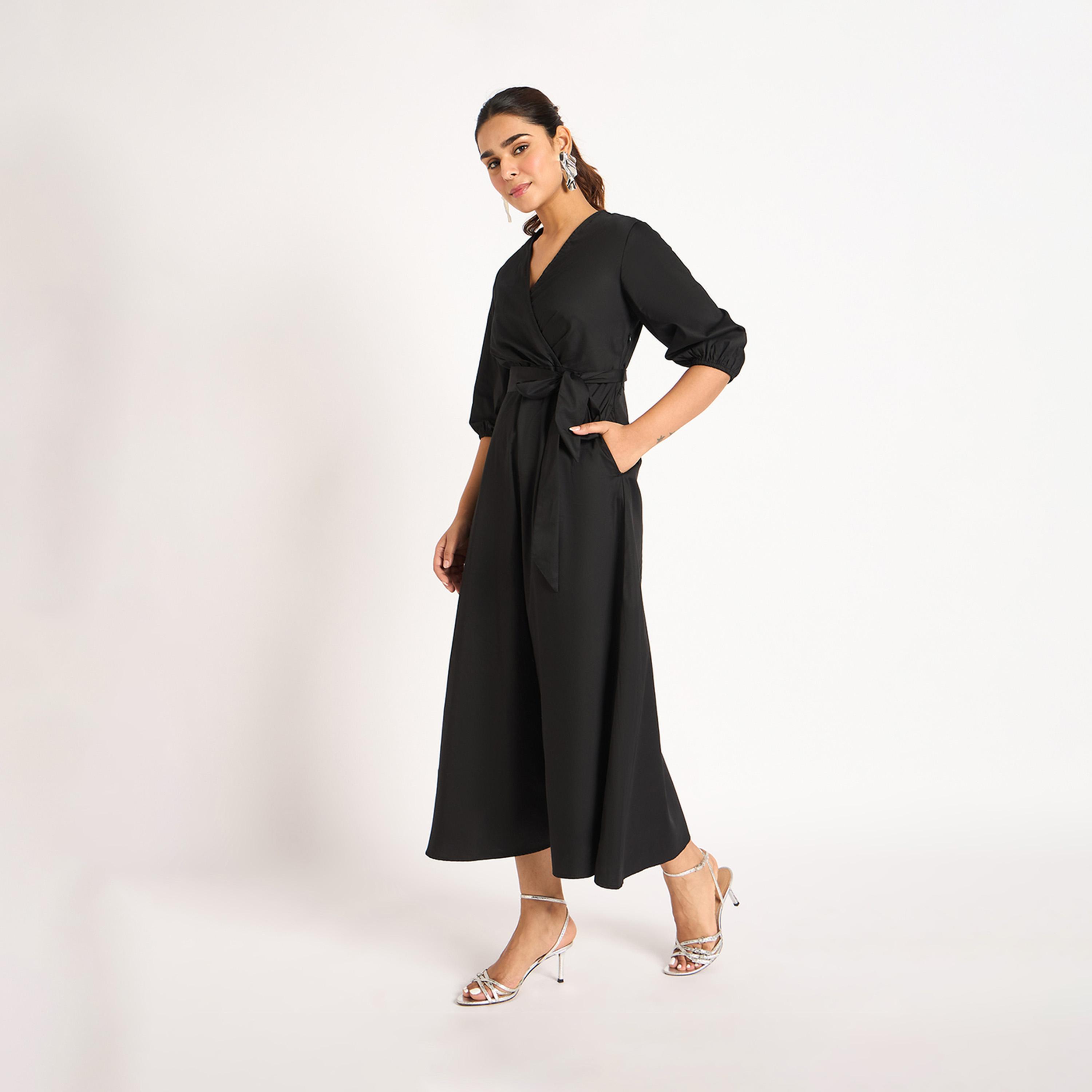 Femmella X Styli Solid Balloon Sleeve Wrap Midi Dress-women-clothing-dresses-image-3