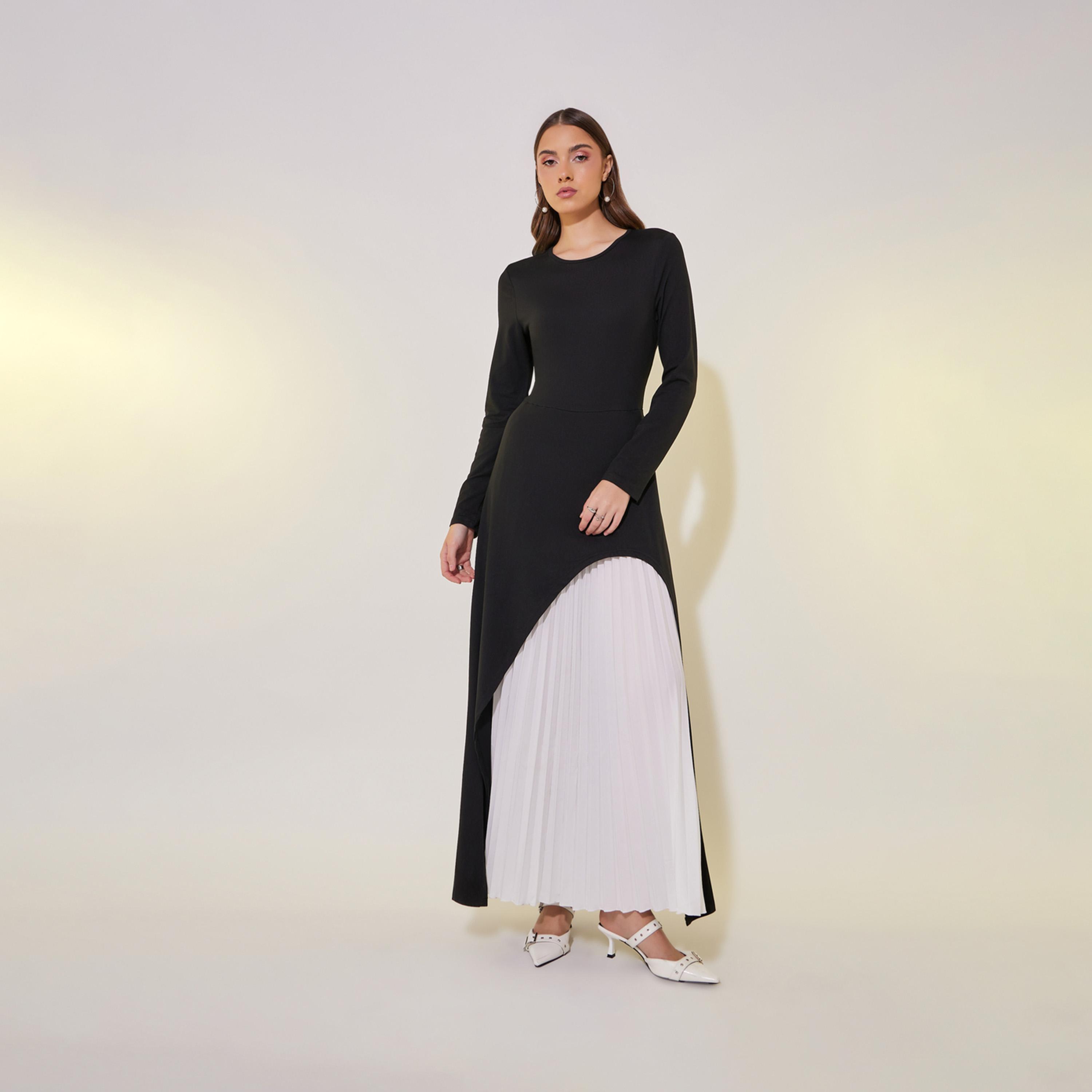 Take Two Contrast Pleated Detail Long Sleeve Maxi Dress-women-clothing-dresses-image-2