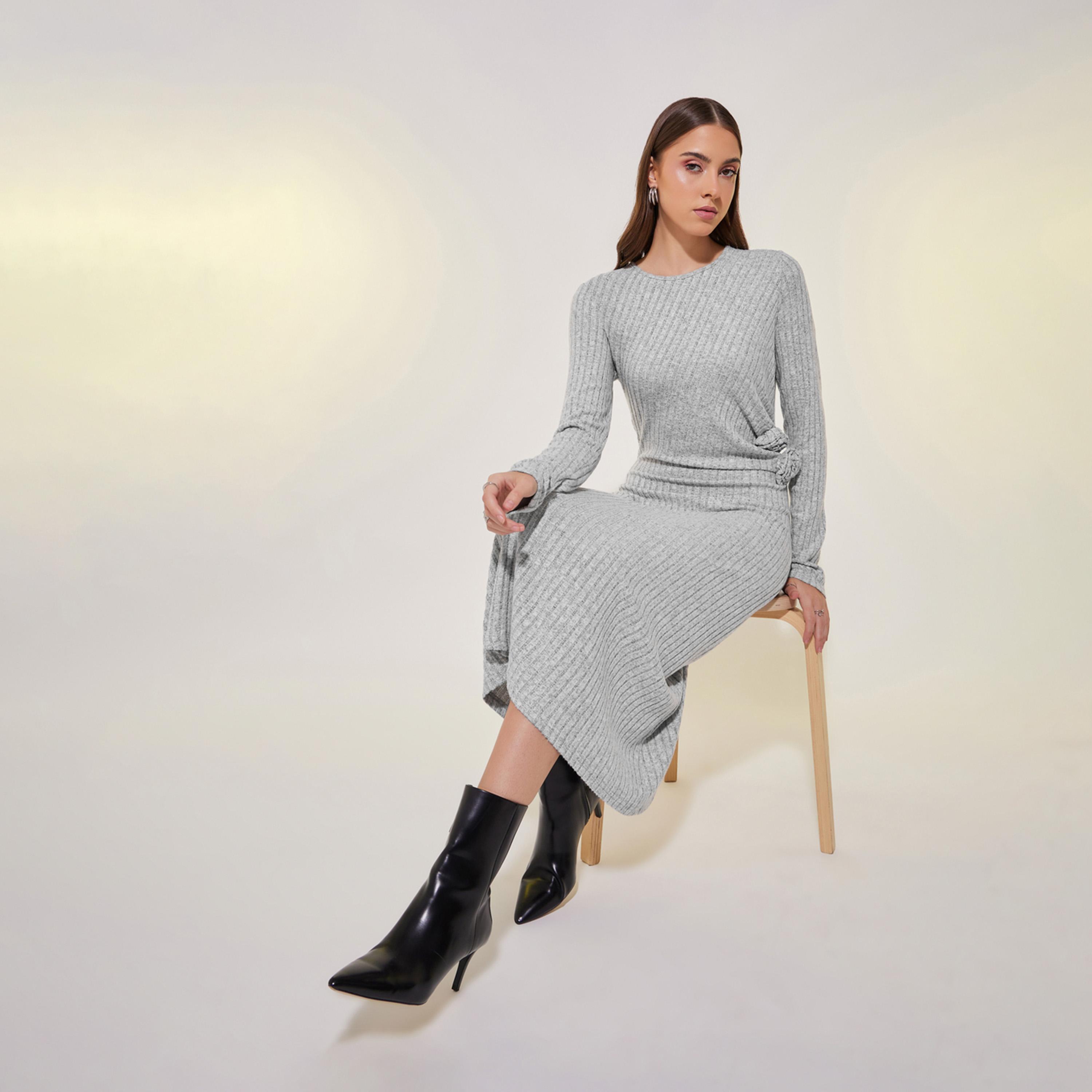 Take Two Textured Rib Knit Flower Corsage Long Sleeve Midi Dress-women-clothing-dresses-image-1