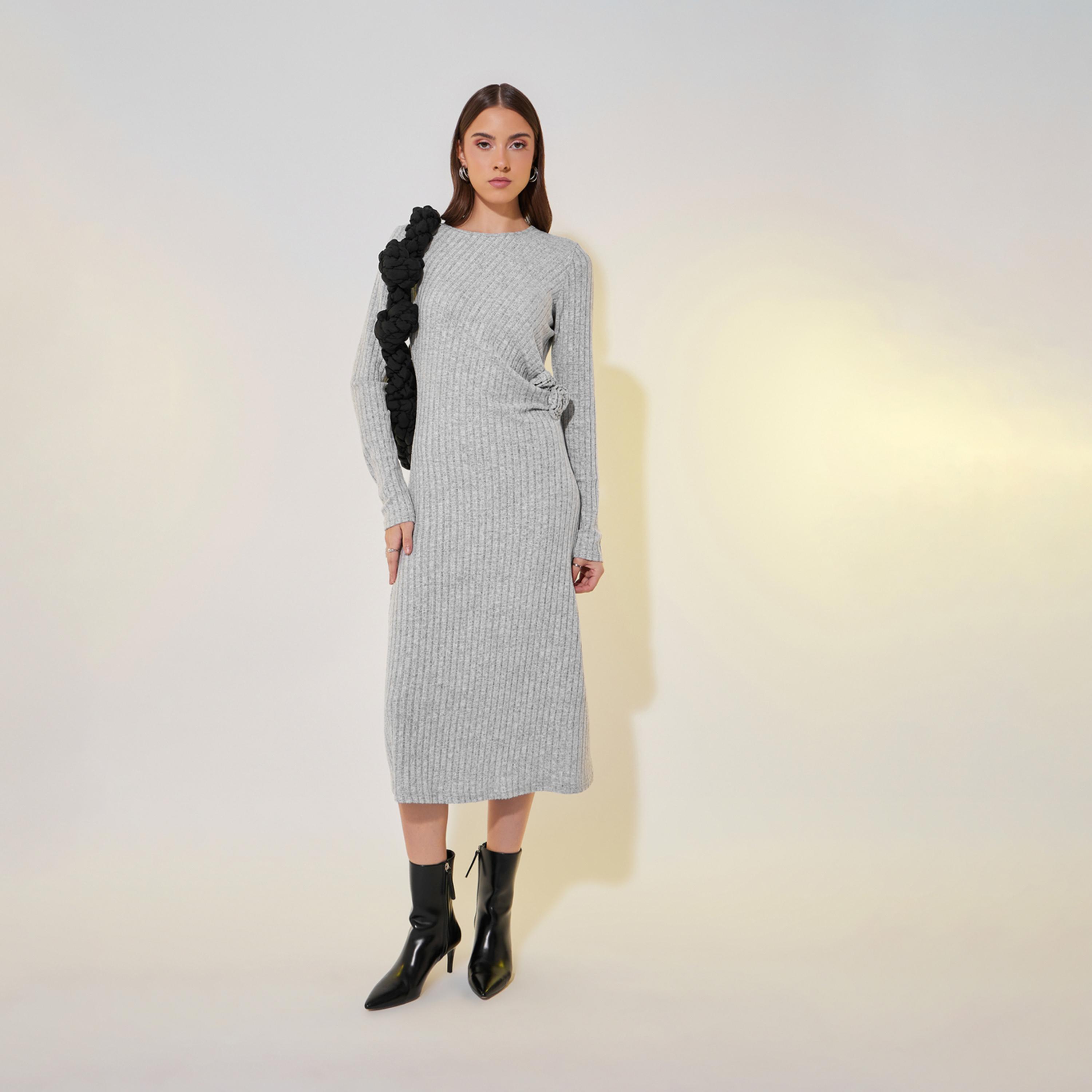 Take Two Textured Rib Knit Flower Corsage Long Sleeve Midi Dress-women-clothing-dresses-image-2
