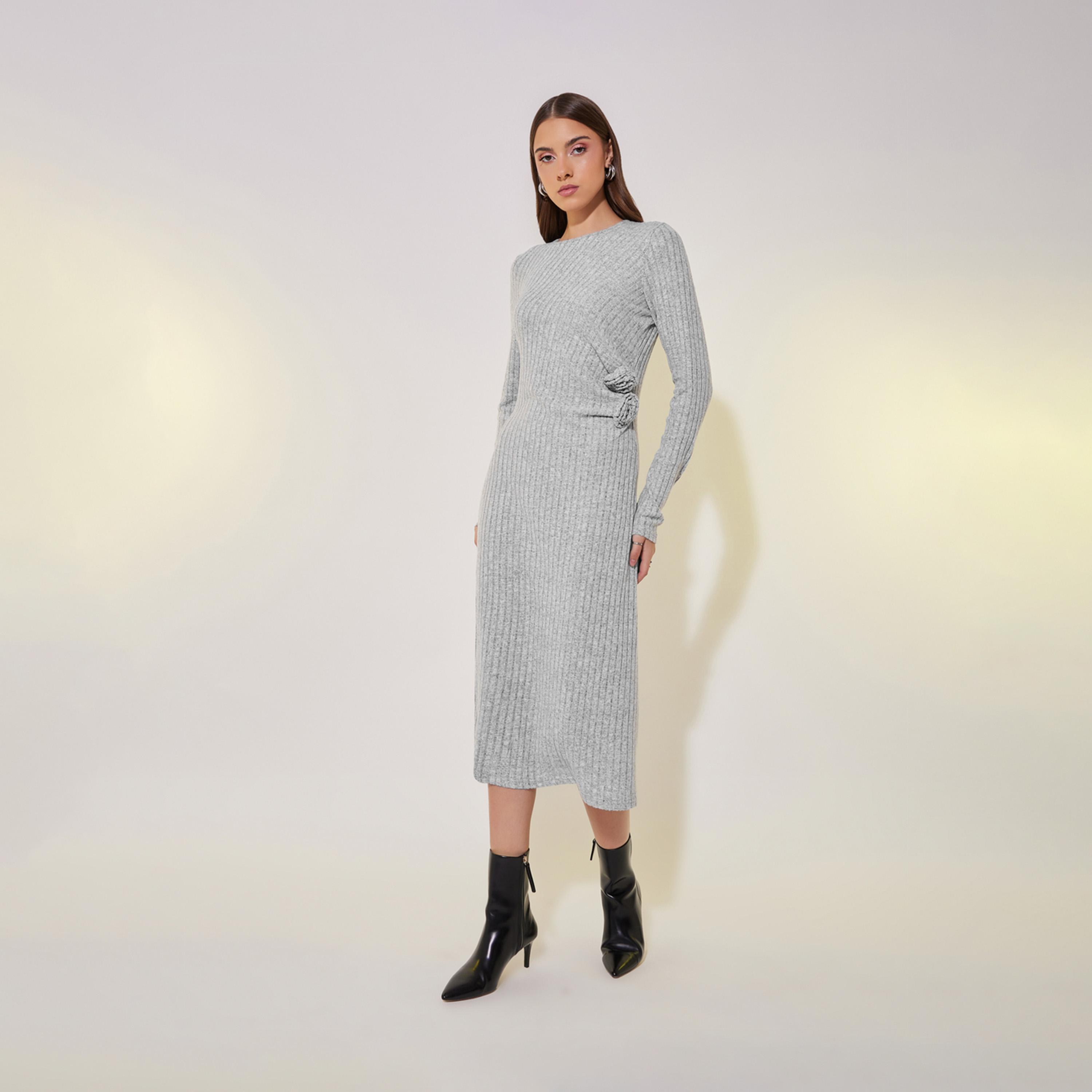 Take Two Textured Rib Knit Flower Corsage Long Sleeve Midi Dress-women-clothing-dresses-image-3