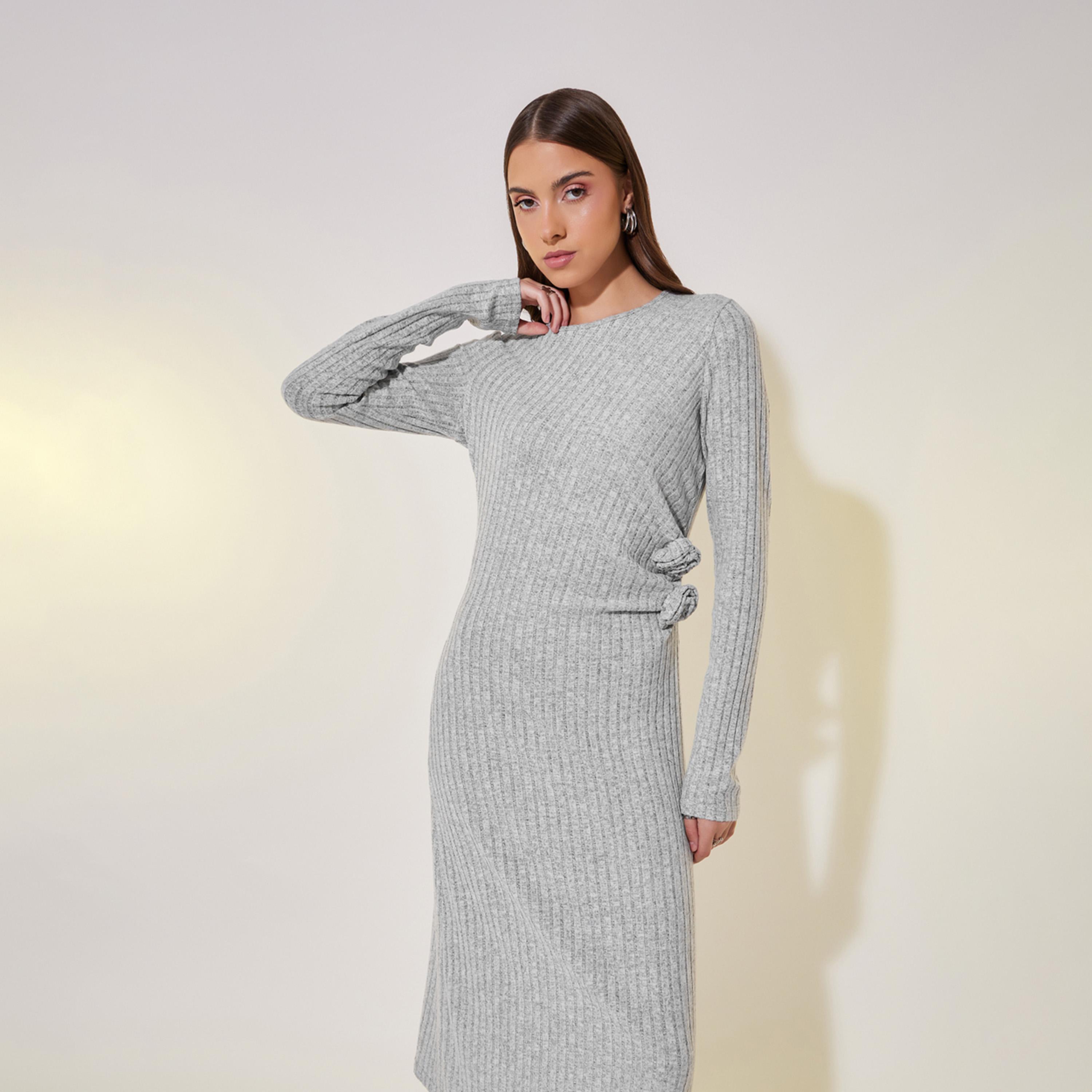 فستان ميدي بأكمام طويلة مزين بزهرة-women-clothing-dresses-image-4