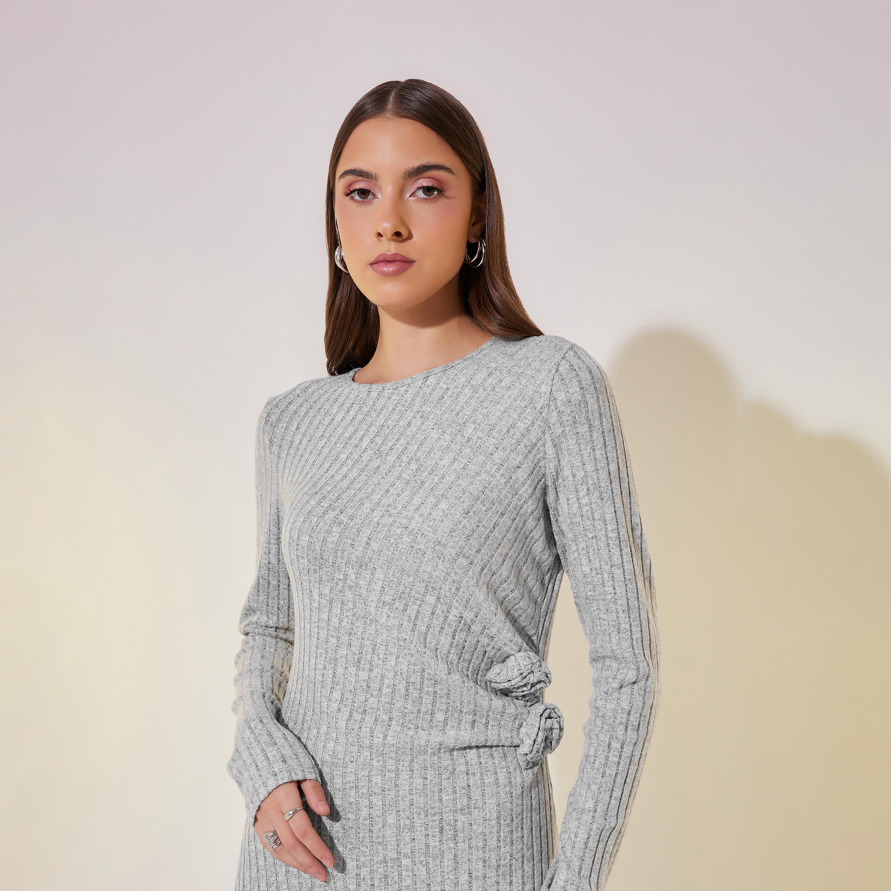 Take Two Textured Rib Knit Flower Corsage Long Sleeve Midi Dress-women-clothing-dresses-image-5