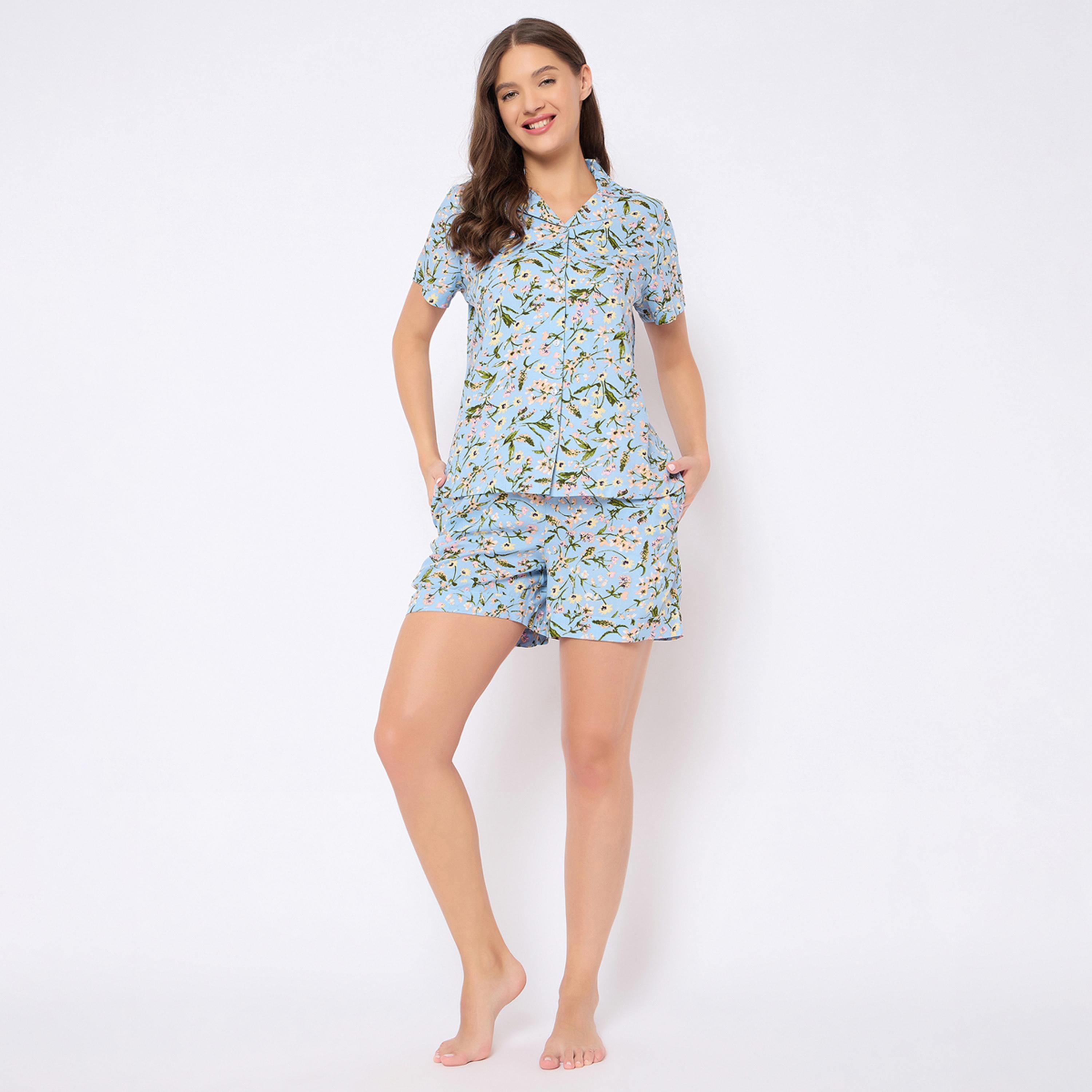 Clovia X Styli Floral Print Button Down Shirt And Shorts Set-women-clothing-nightwear-pyjamas-shortsets-image-1
