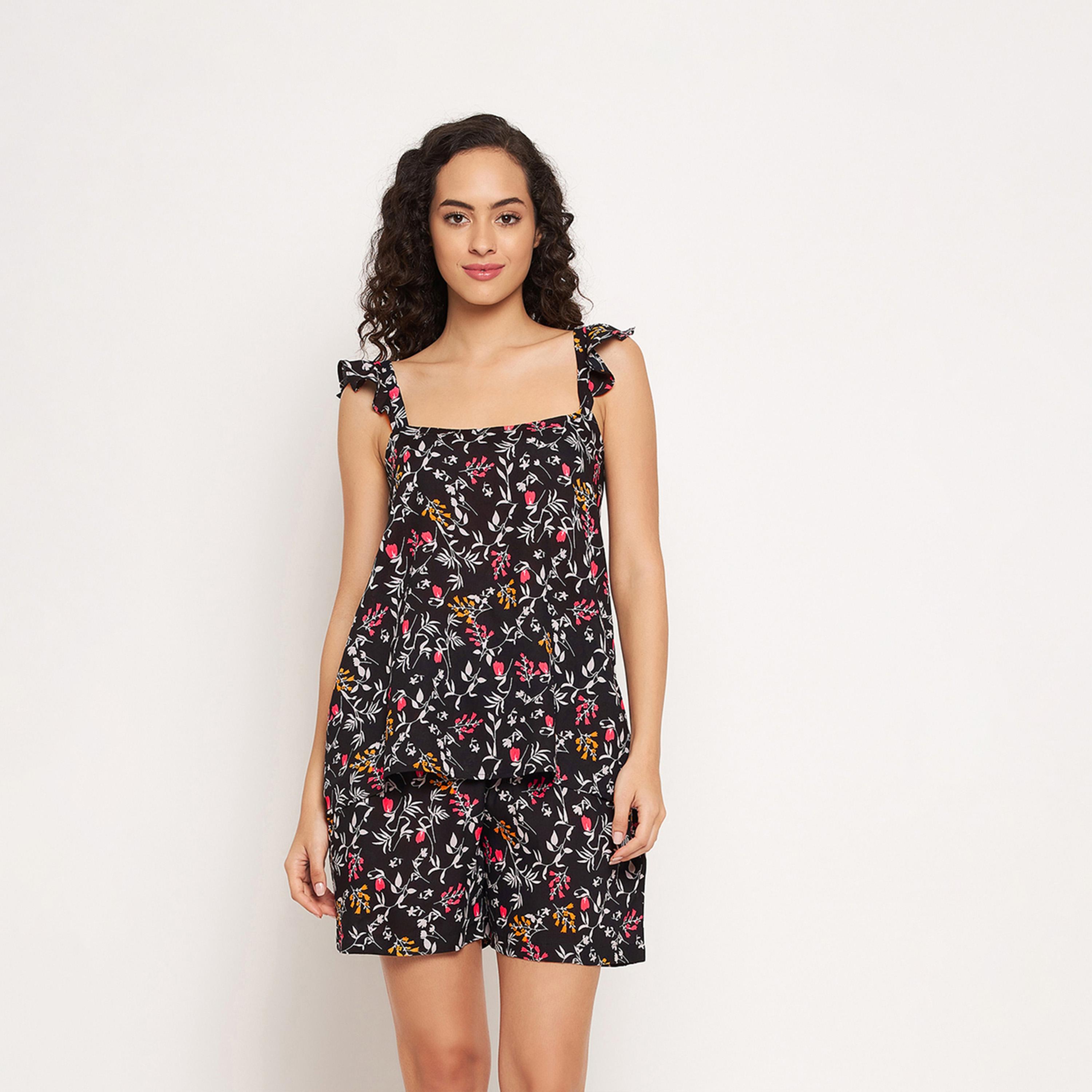 كلوفيا × ستايلي - طقم بيجامة من بلوزة وشورت بأكمام مكشكشة وطبعة زهور-women-clothing-nightwear-pyjamas-shortsets-image-2