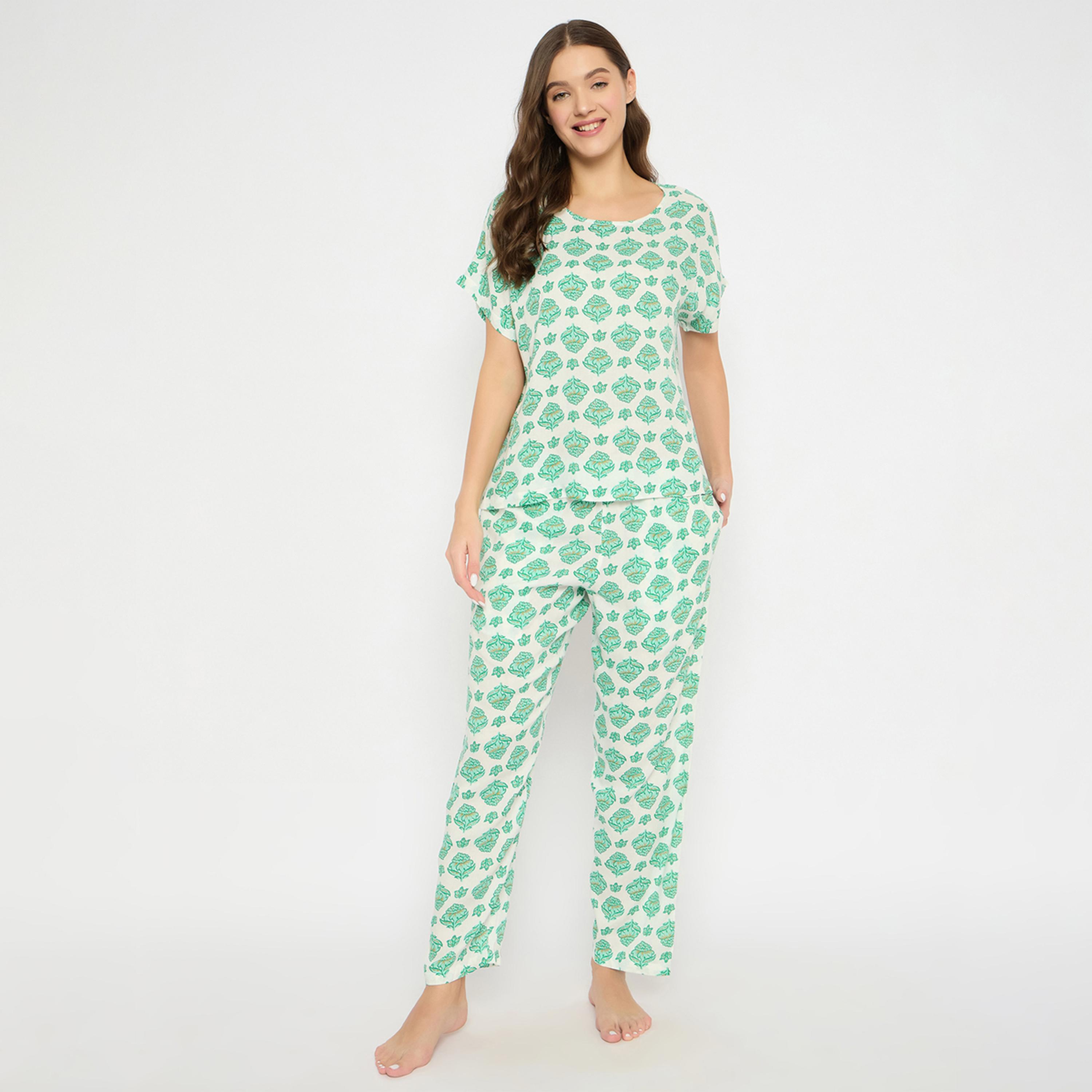 كلوفيا × ستايلي - طقم بيجامة وقميص بطبعة زهور برقبة دائرية-women-clothing-nightwear-pyjamas-longsets-image-1