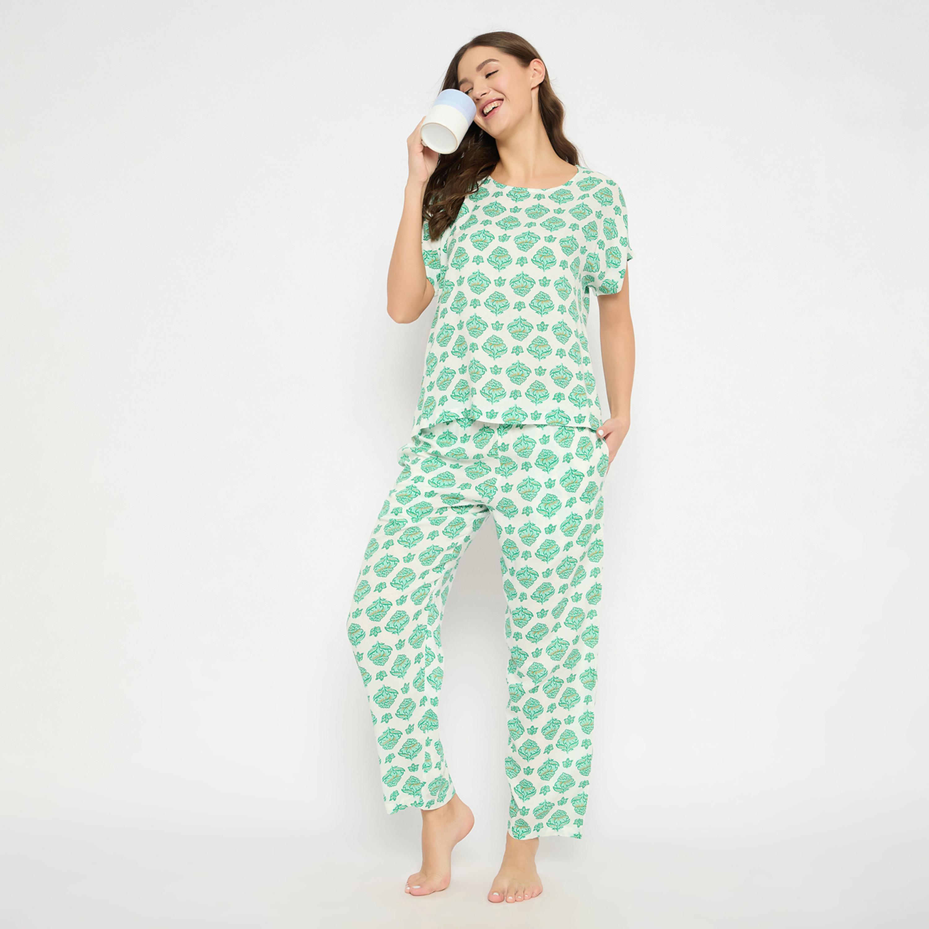 كلوفيا × ستايلي - طقم بيجامة وقميص بطبعة زهور برقبة دائرية-women-clothing-nightwear-pyjamas-longsets-image-2