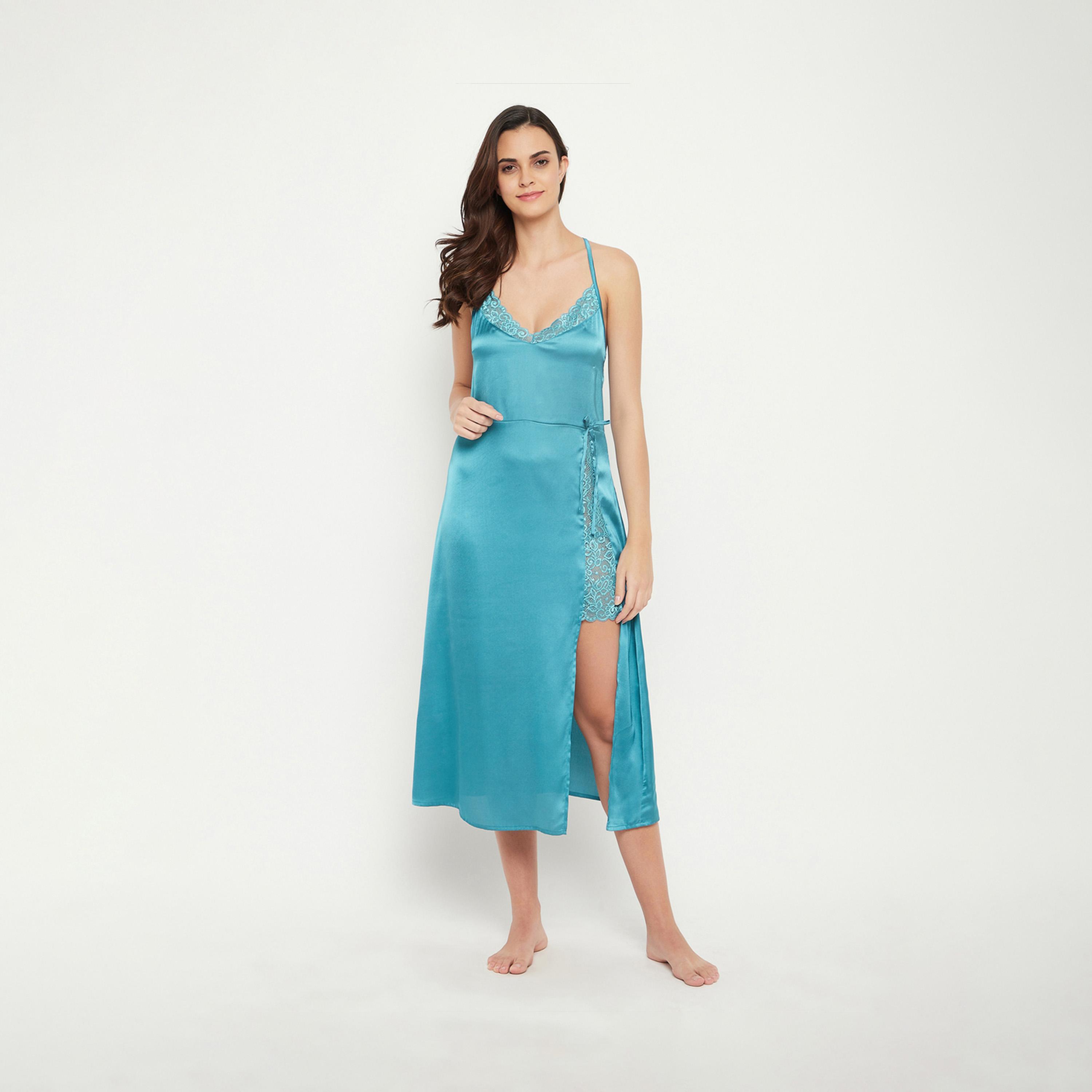 Clovia X Styli Satin Lace Insert Strappy Slip Dress With Front Slit-women-clothing-nightwear-nighties-image-2