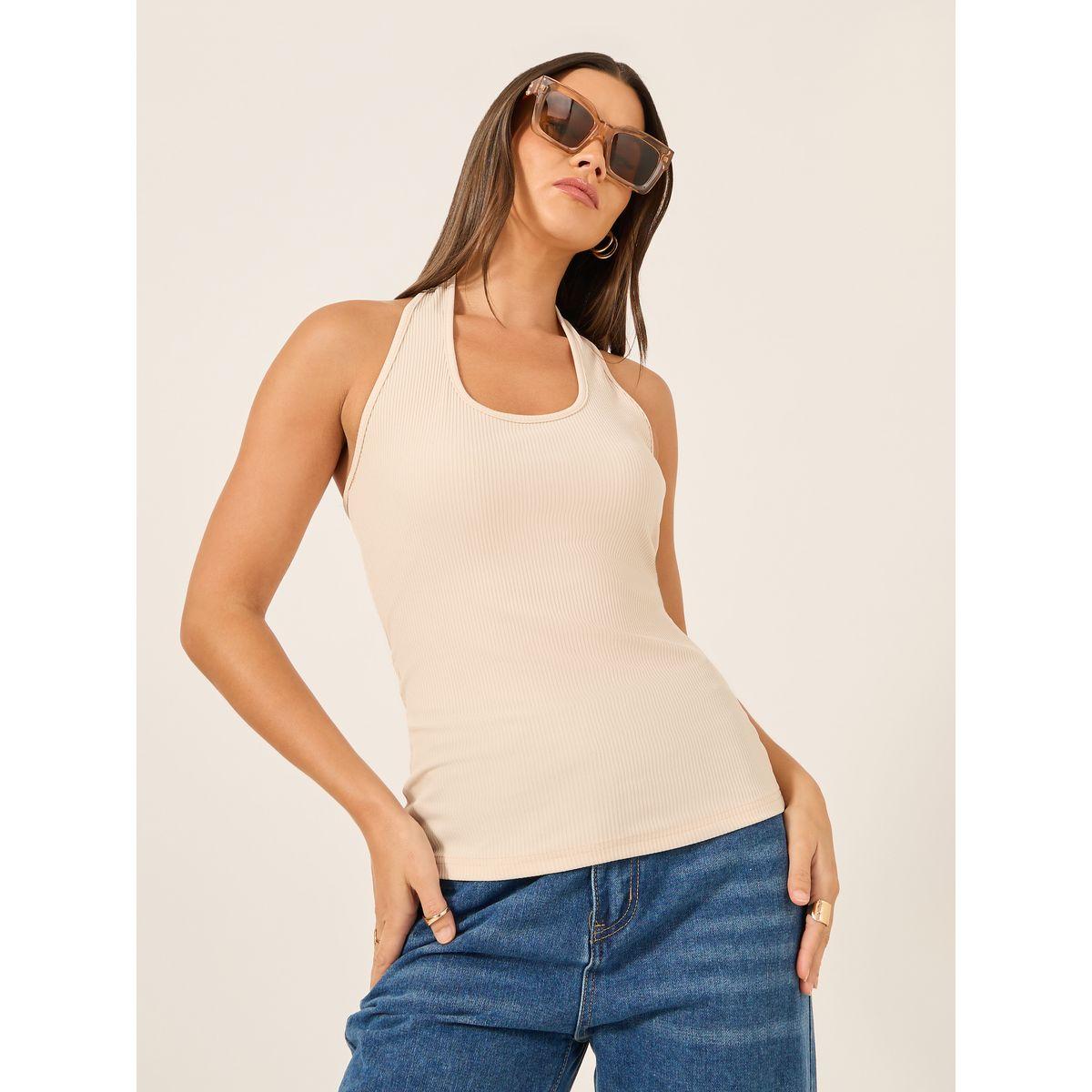 Styli Ribbed Halter Neck Fitted Tank T-Shirt-women-clothing-tshirts-image-1