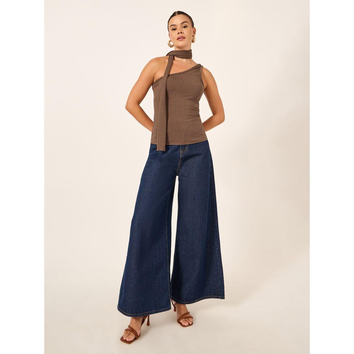 Styli Ribbed One-Shoulder Tie Neck Fitted Tank T-Shirt-women-clothing-tshirts-image-1