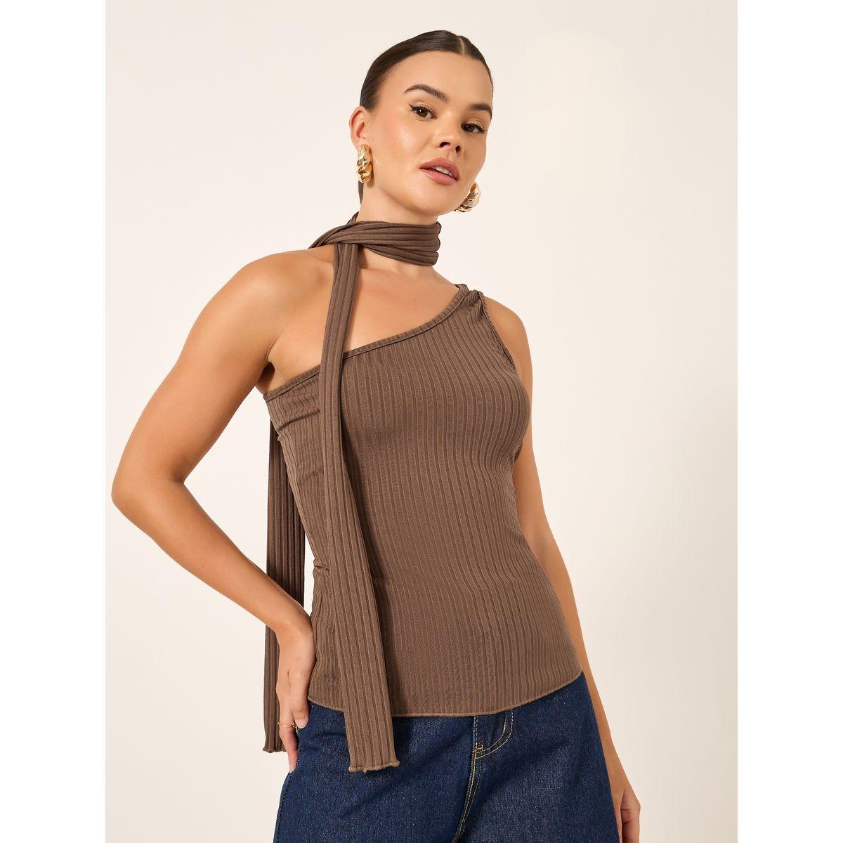 Styli Ribbed One-Shoulder Tie Neck Fitted Tank T-Shirt-women-clothing-tshirts-image-2