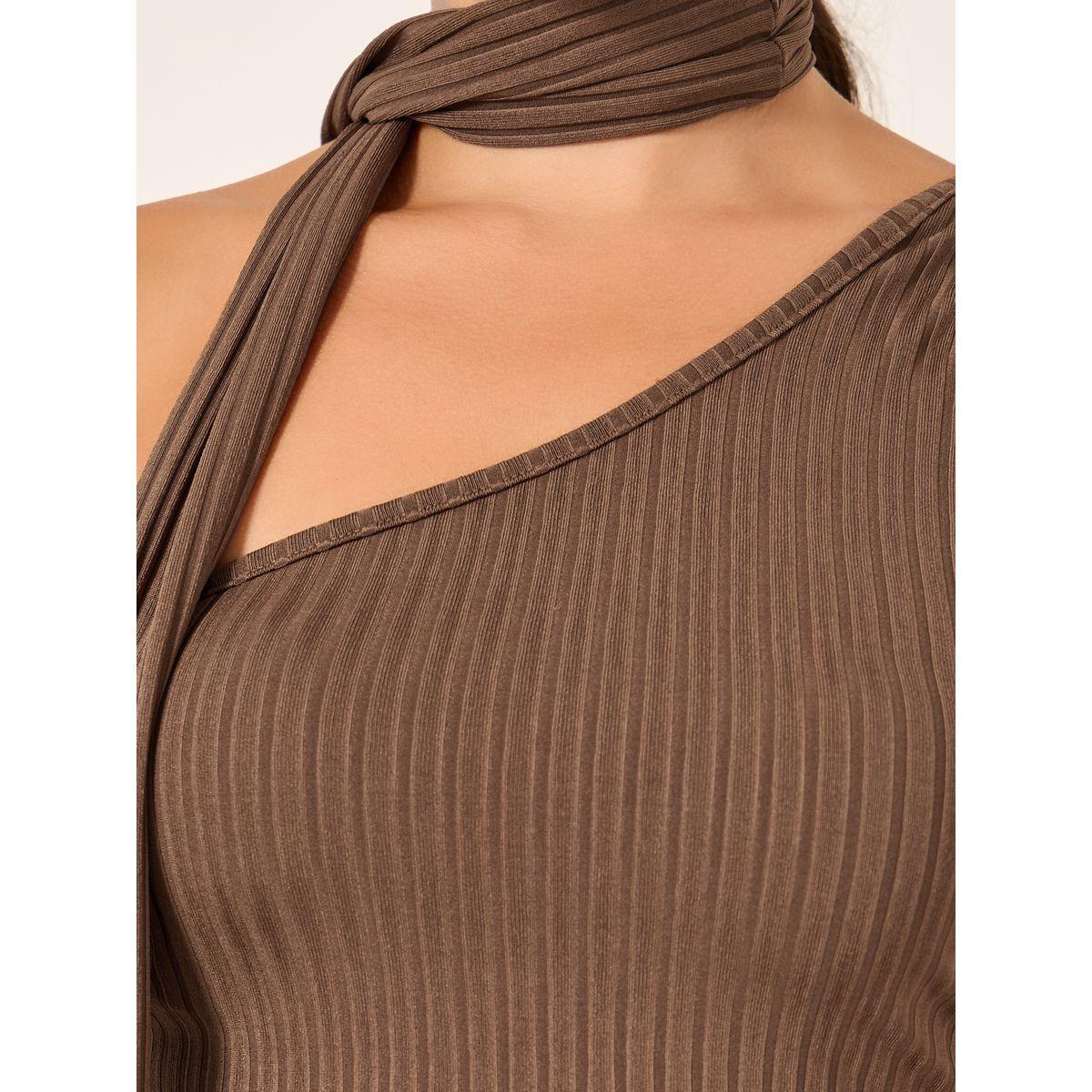 تيشيرت مُجسم بلا أكمام وكتف واحد مع ياقة بأربطة-women-clothing-tshirts-image-3