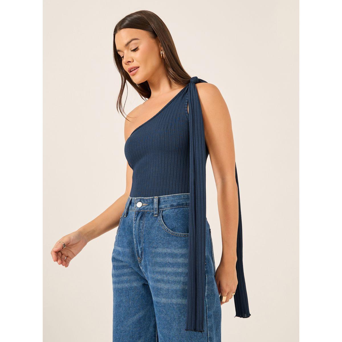 Styli Ribbed One-Shoulder Tie Neck Fitted Tank T-Shirt-women-clothing-tshirts-image-1