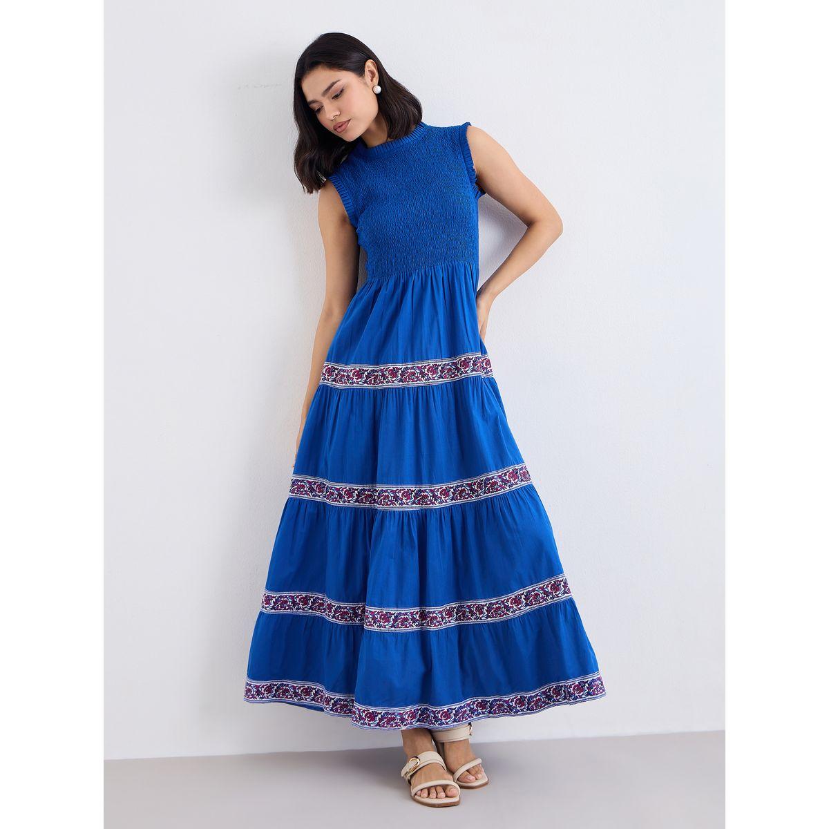 Styli Blue Embroidered Taping Smocked Maxi Dress-women-clothing-dresses-image-2