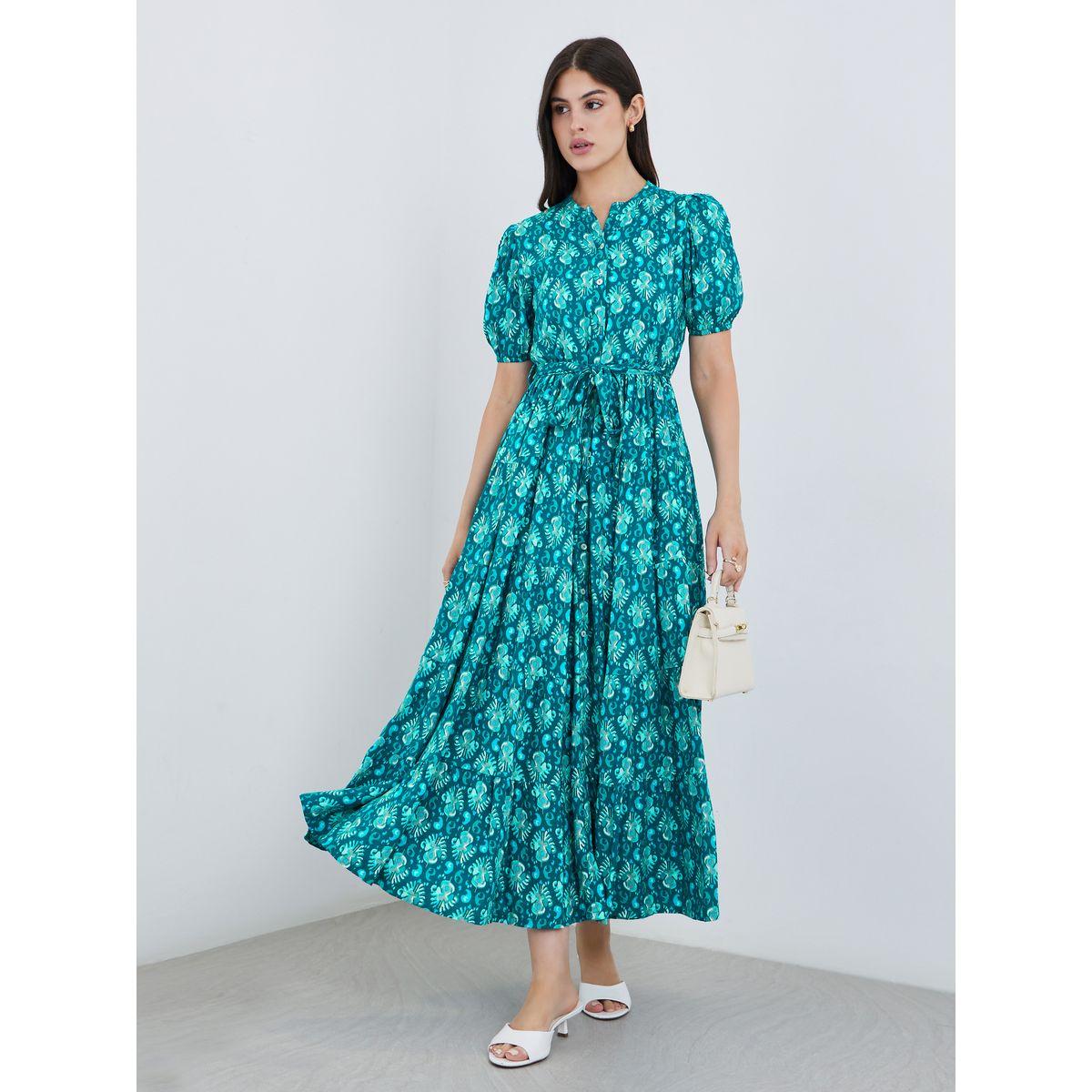 فستان طويل بياقة ماندارين وأكمام منفوخة-women-clothing-dresses-image-1