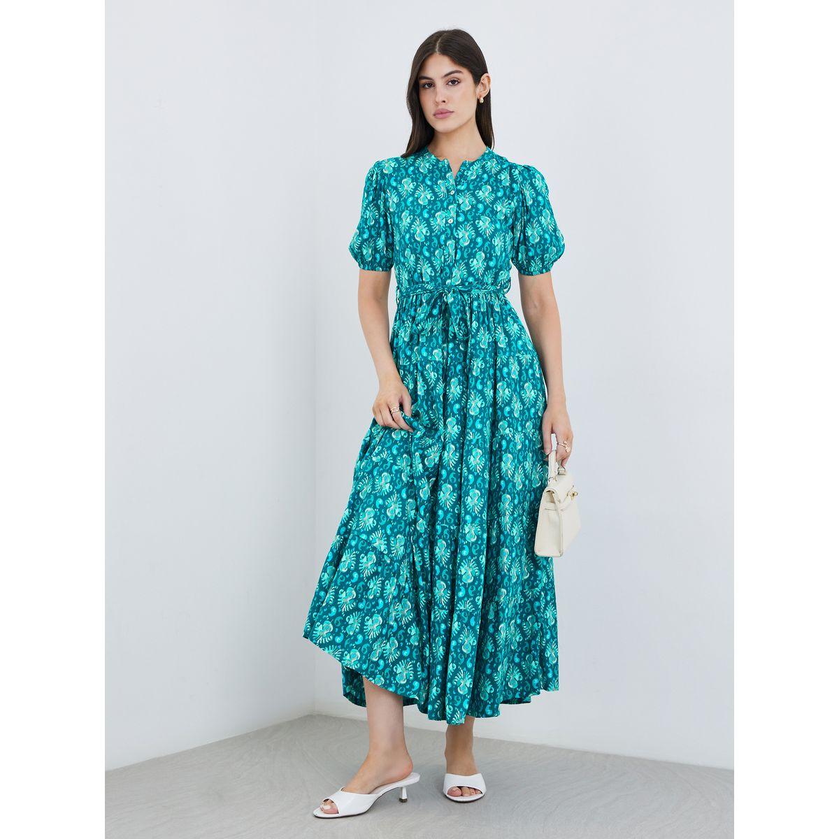 فستان طويل بياقة ماندارين وأكمام منفوخة-women-clothing-dresses-image-2