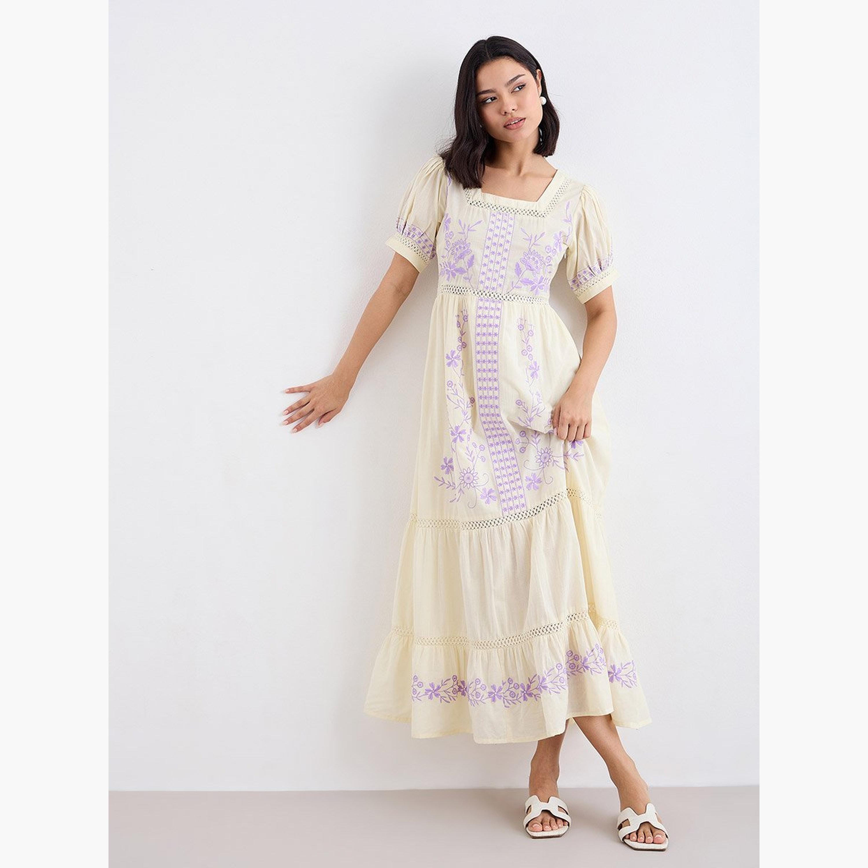 ستايلي - فستان ماكسي قطني مطرز لون بيج-women-clothing-dresses-image-1