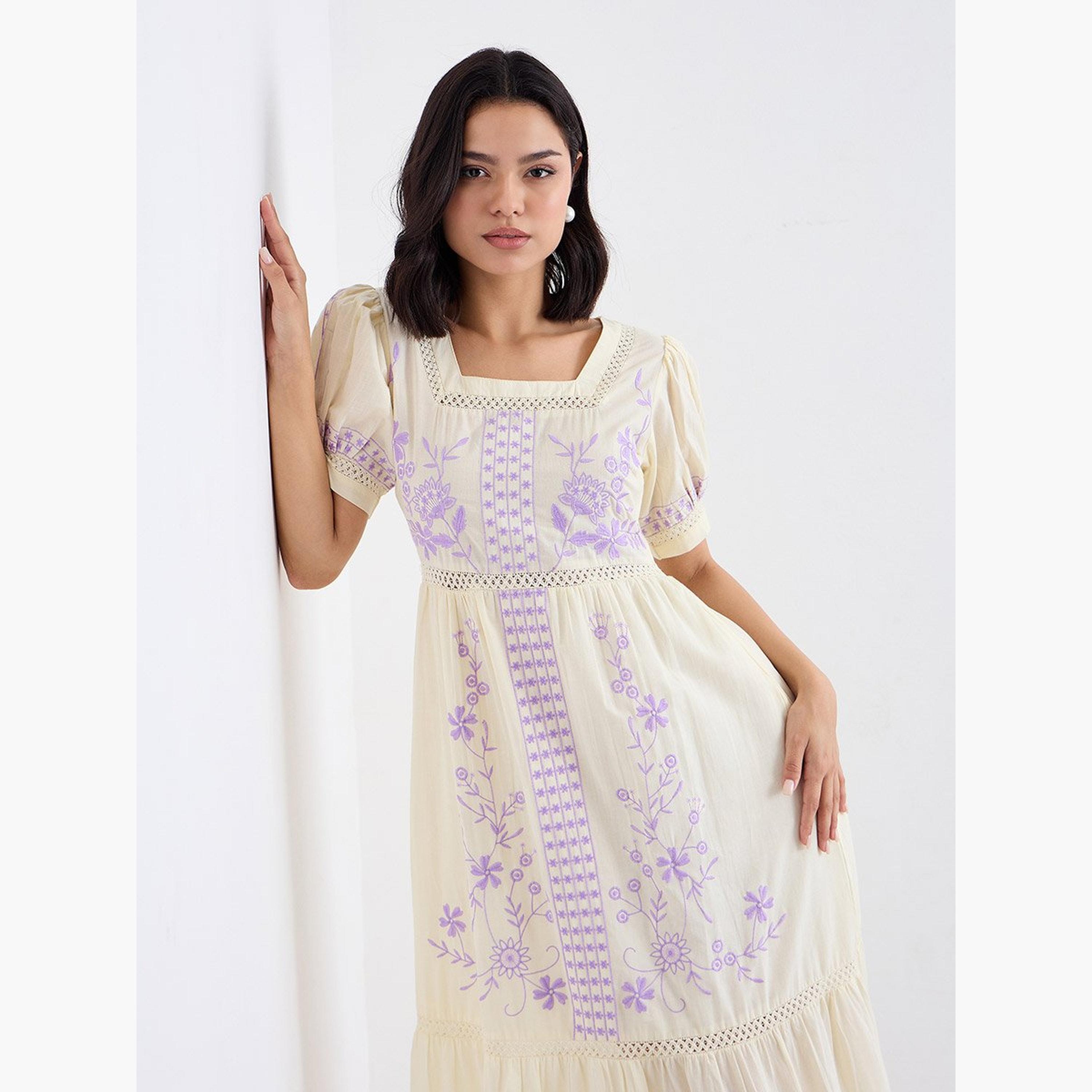 ستايلي - فستان ماكسي قطني مطرز لون بيج-women-clothing-dresses-image-5