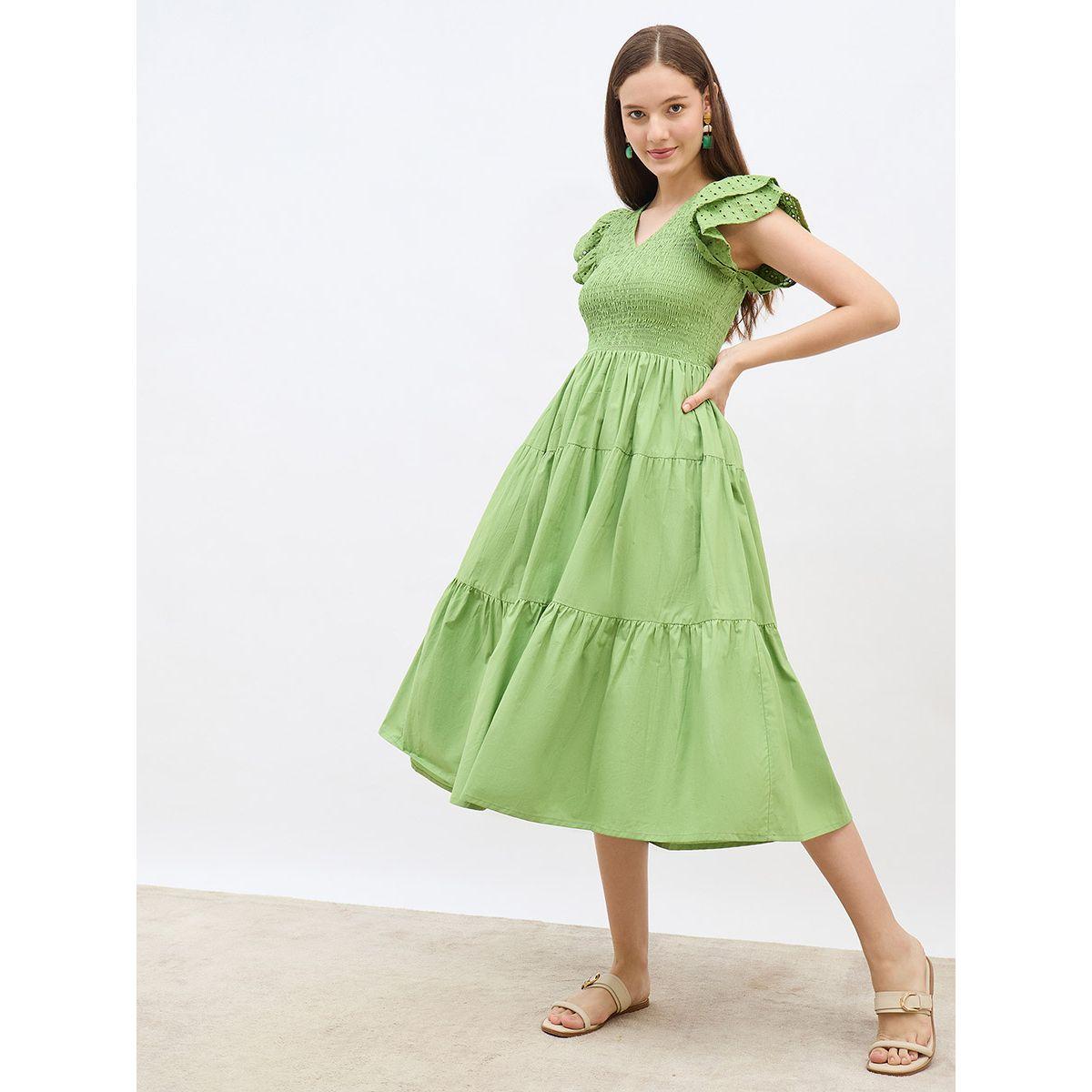 فستان ميدي بتفاصيل بارزة الملمس وأكمام كشكش-women-clothing-dresses-image-1