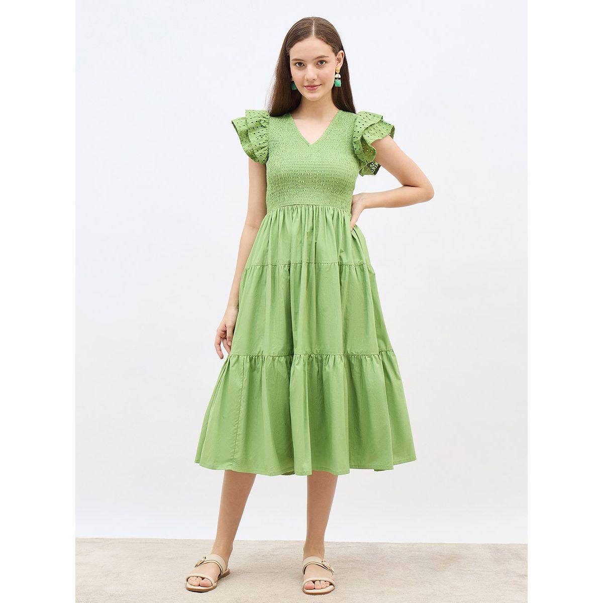 فستان ميدي بتفاصيل بارزة الملمس وأكمام كشكش-women-clothing-dresses-image-2
